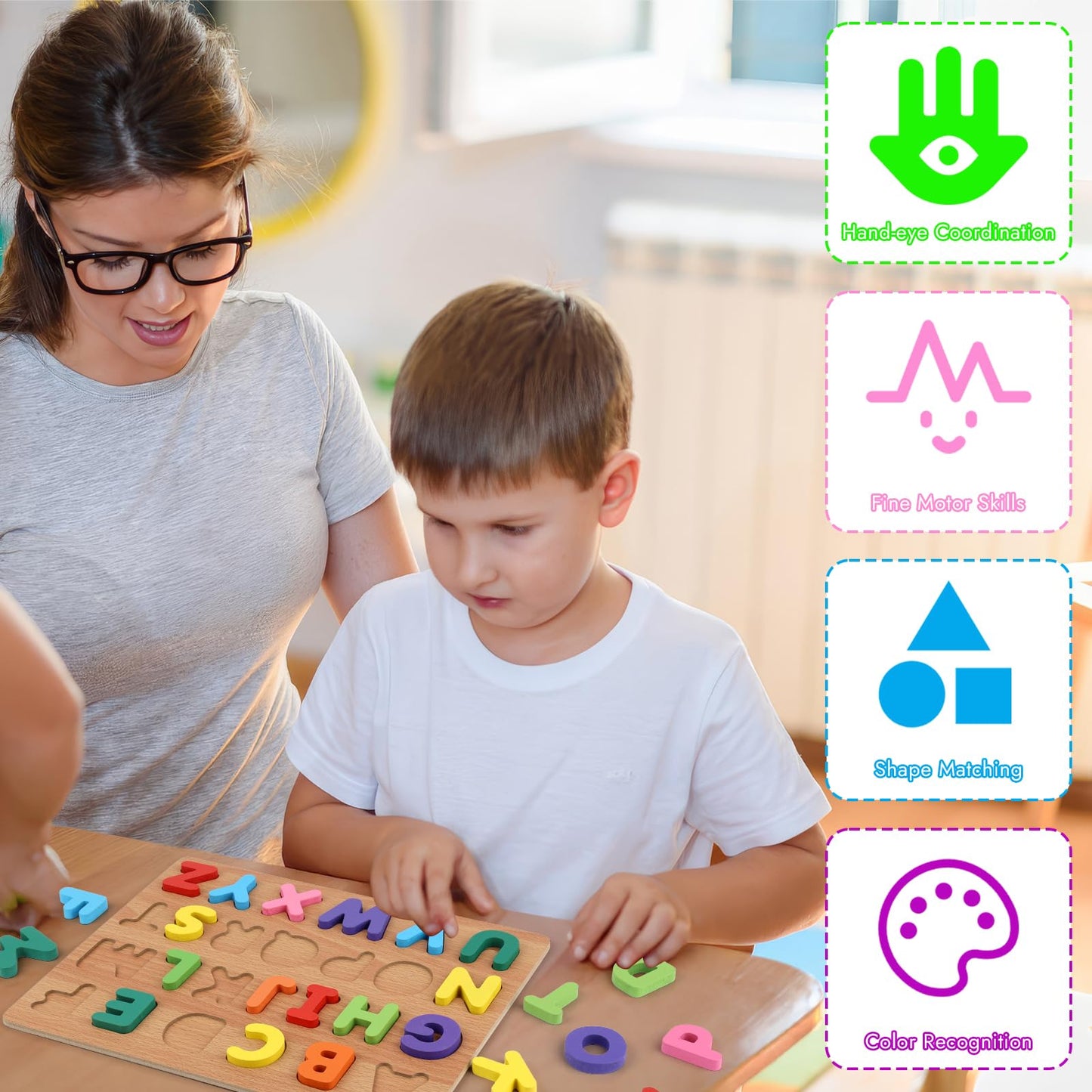 MOWPOG Alphabet Puzzle – Wooden ABC Letters for Toddlers (3-5) | Educational Learning Toy