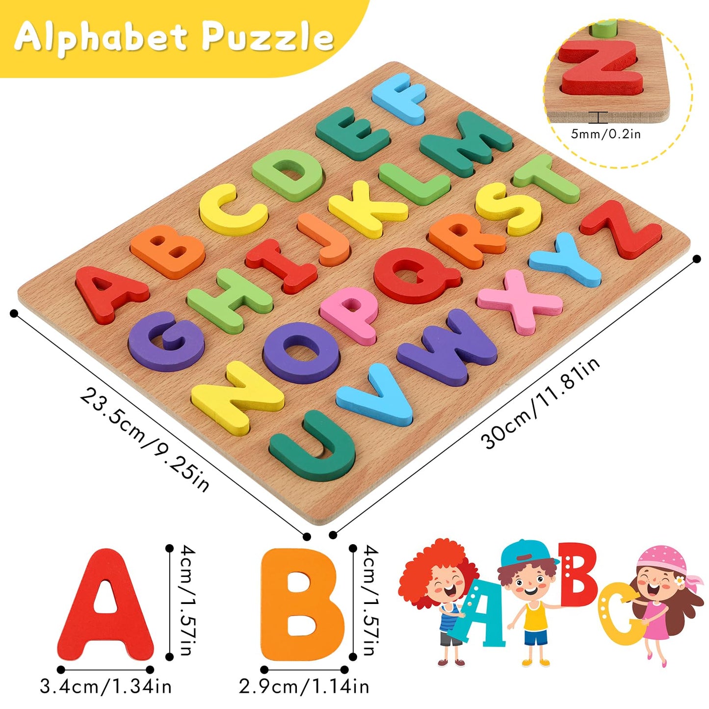 MOWPOG Alphabet Puzzle – Wooden ABC Letters for Toddlers (3-5) | Educational Learning Toy