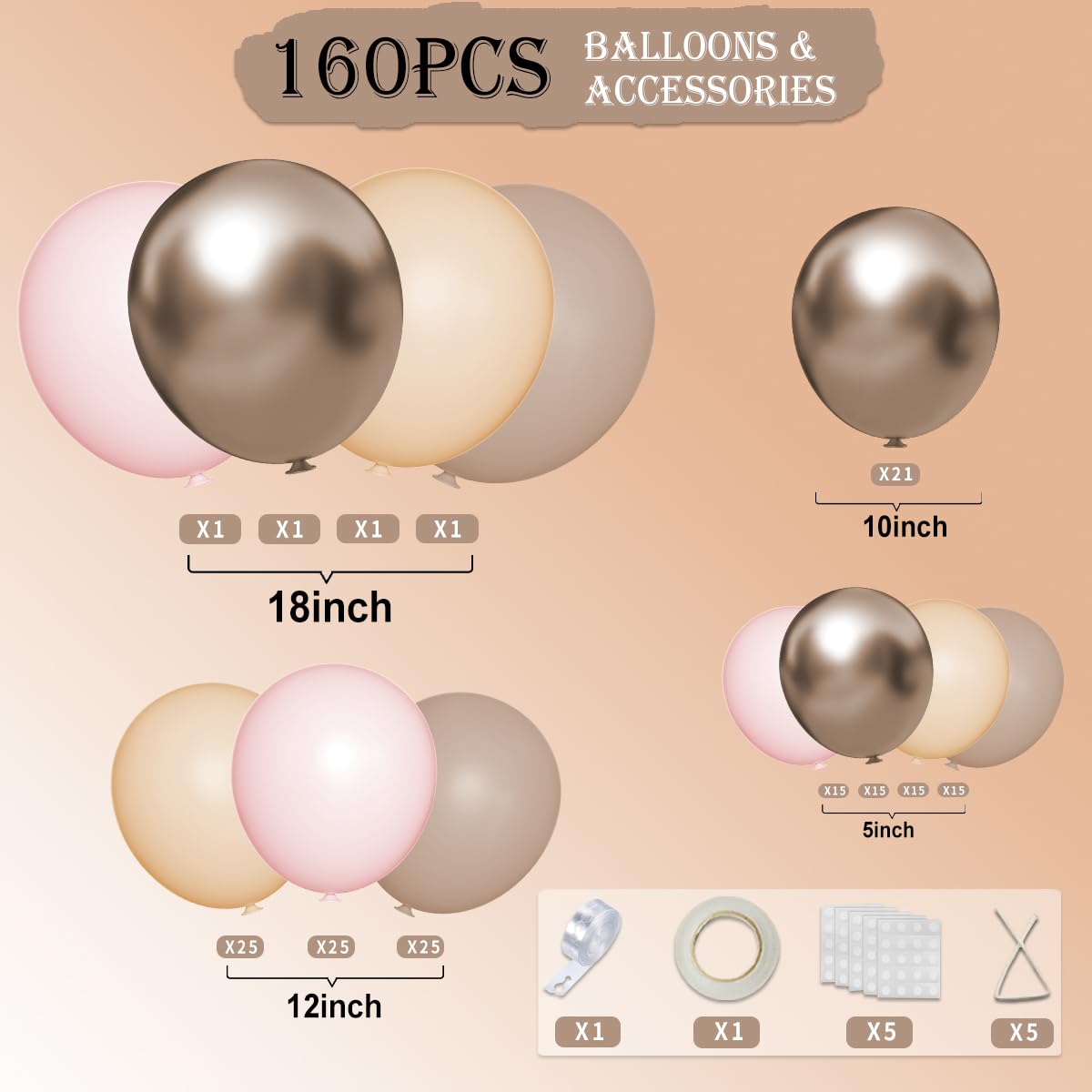 MOXMAY Boho Balloon Arch Kit – 160Pcs Pastel Orange, Nude Brown & Gold Garland