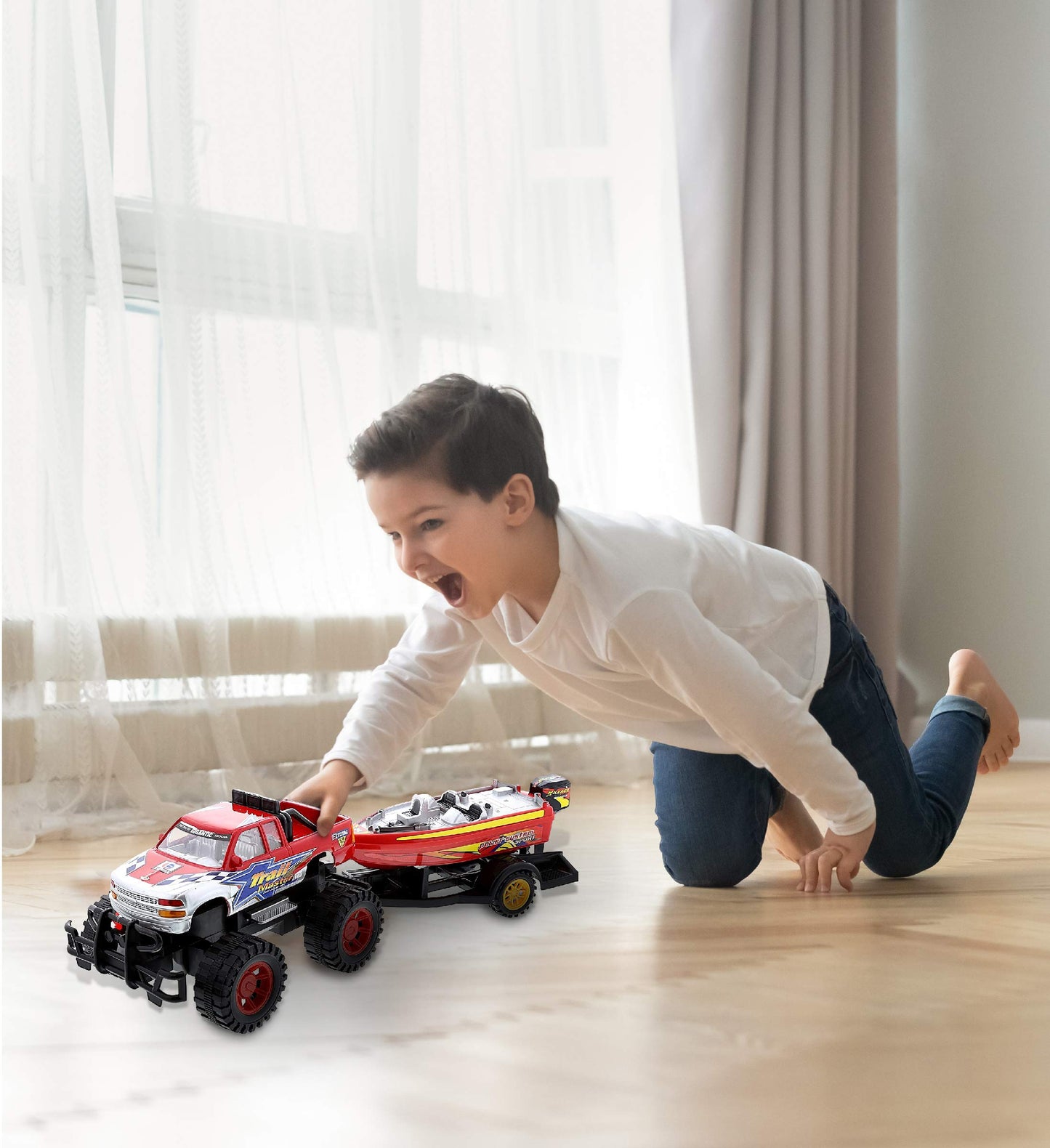 Mozlly Monster Truck Toys Set with Trailer and Boat - Friction-Powered Hauling Truck (9 Inch)
