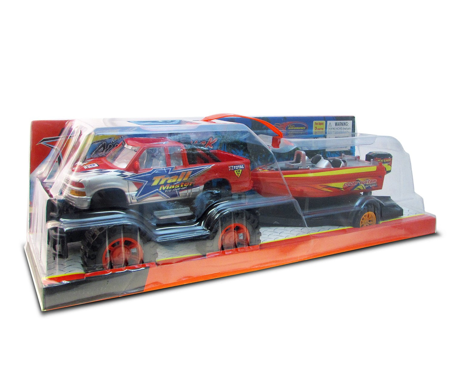 Mozlly Monster Truck Toys Set with Trailer and Boat - Friction-Powered Hauling Truck (9 Inch)
