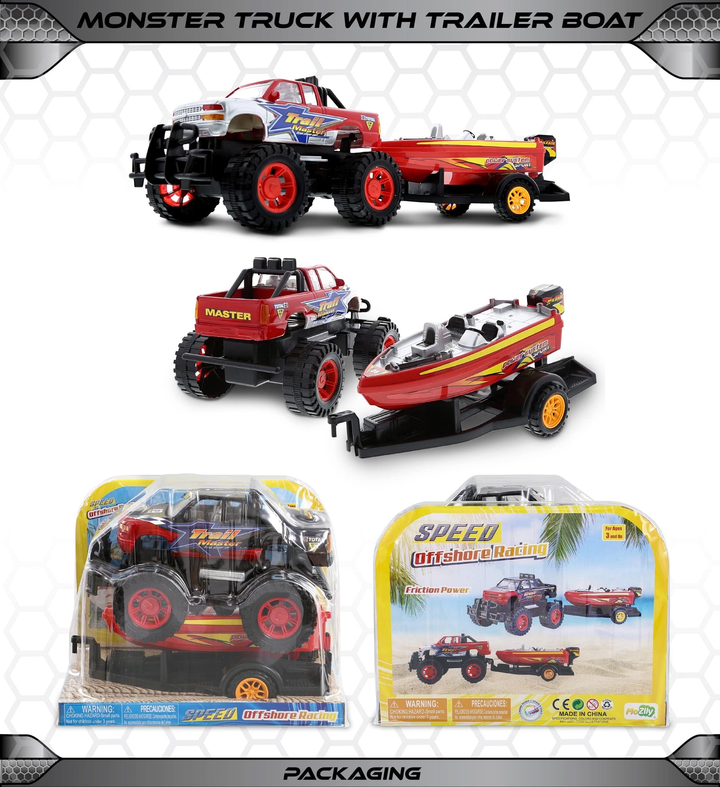 Mozlly Monster Truck Toys Set with Trailer and Boat - Friction-Powered Hauling Truck (9 Inch)