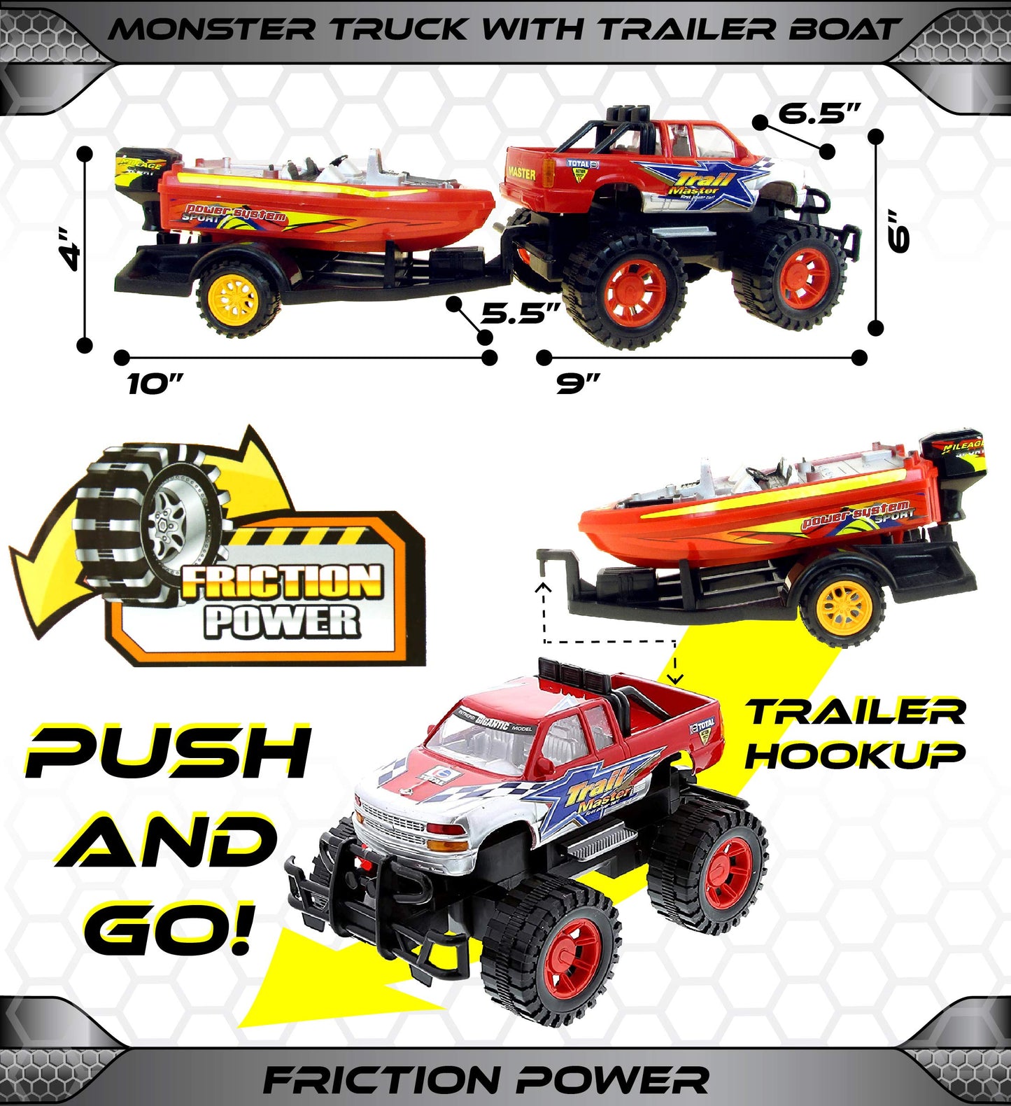 Mozlly Monster Truck Toys Set with Trailer and Boat - Friction-Powered Hauling Truck (9 Inch)