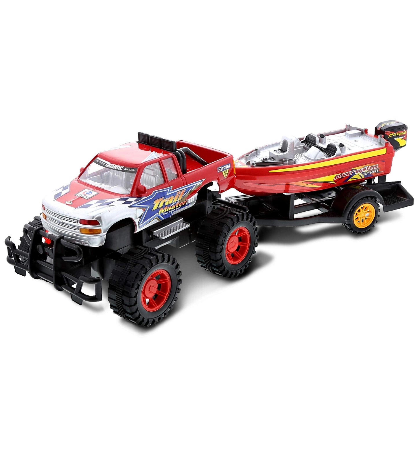 Mozlly Monster Truck Toys Set with Trailer and Boat - Friction-Powered Hauling Truck (9 Inch)