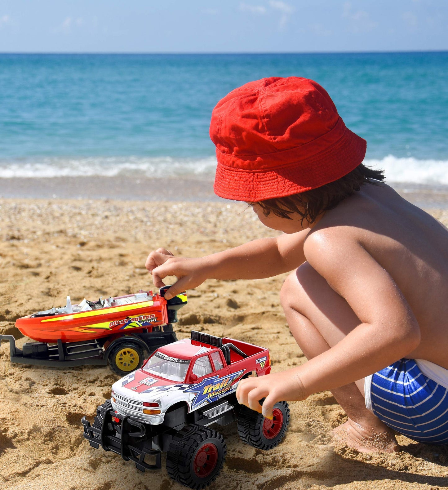 Mozlly Monster Truck Toys Set with Trailer and Boat - Friction-Powered Hauling Truck (9 Inch)