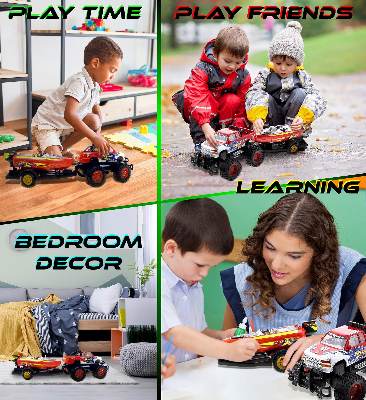 Mozlly Monster Truck Toys Set with Trailer and Boat - Friction-Powered Hauling Truck (9 Inch)