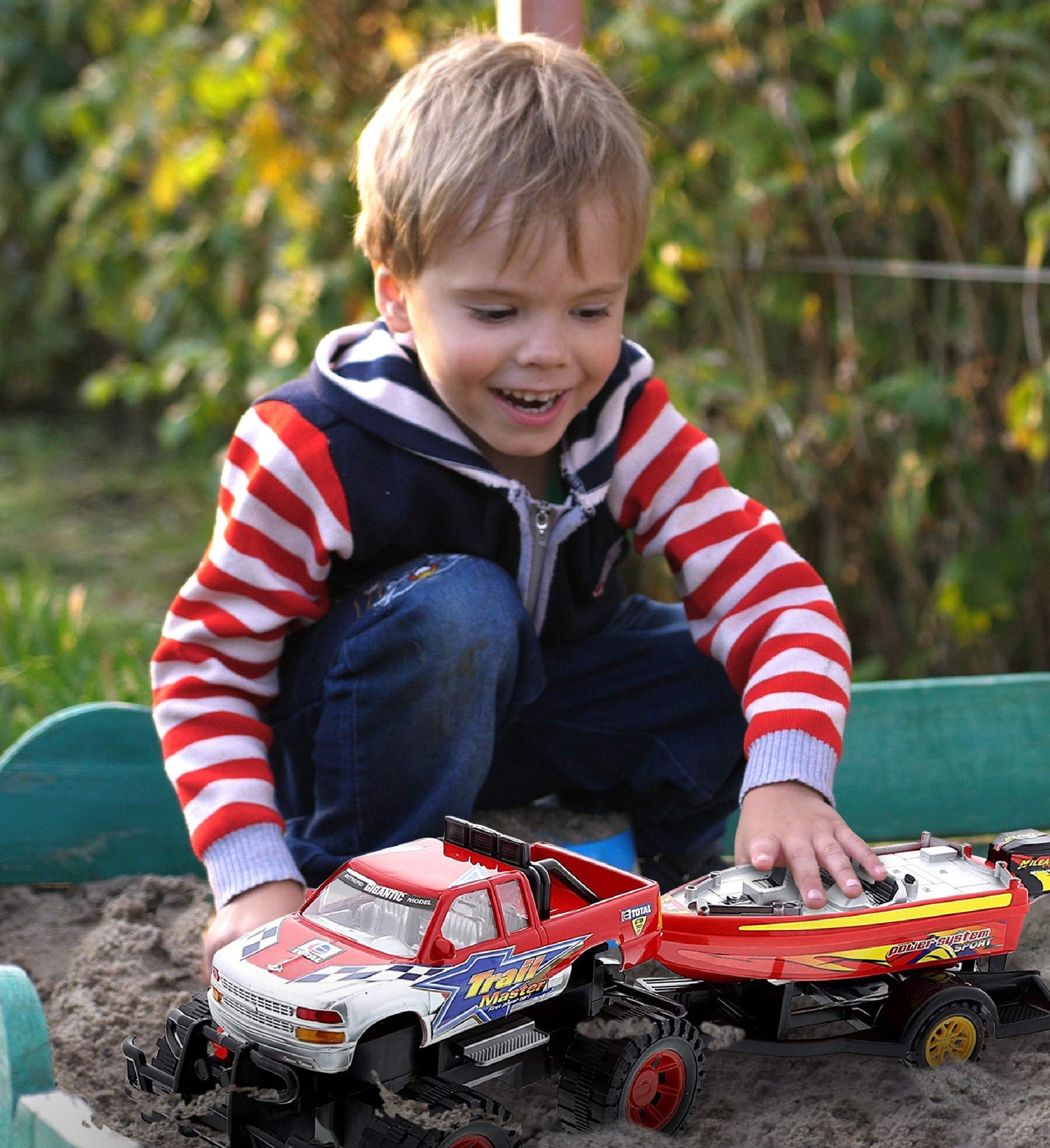 Mozlly Monster Truck Toys Set with Trailer and Boat - Friction-Powered Hauling Truck (9 Inch)