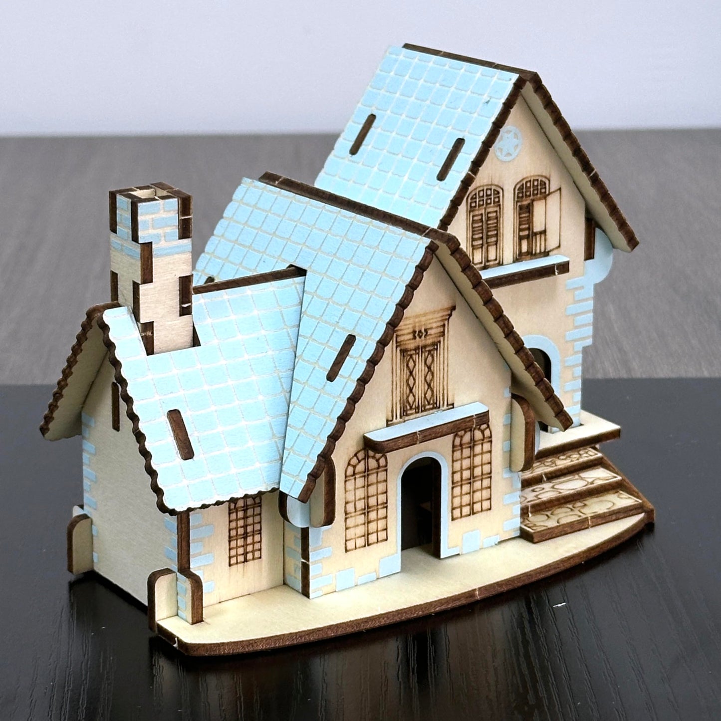 MPIUET Wooden 3D Puzzle: Sky-Blue Log Cabin Miniature House Kit