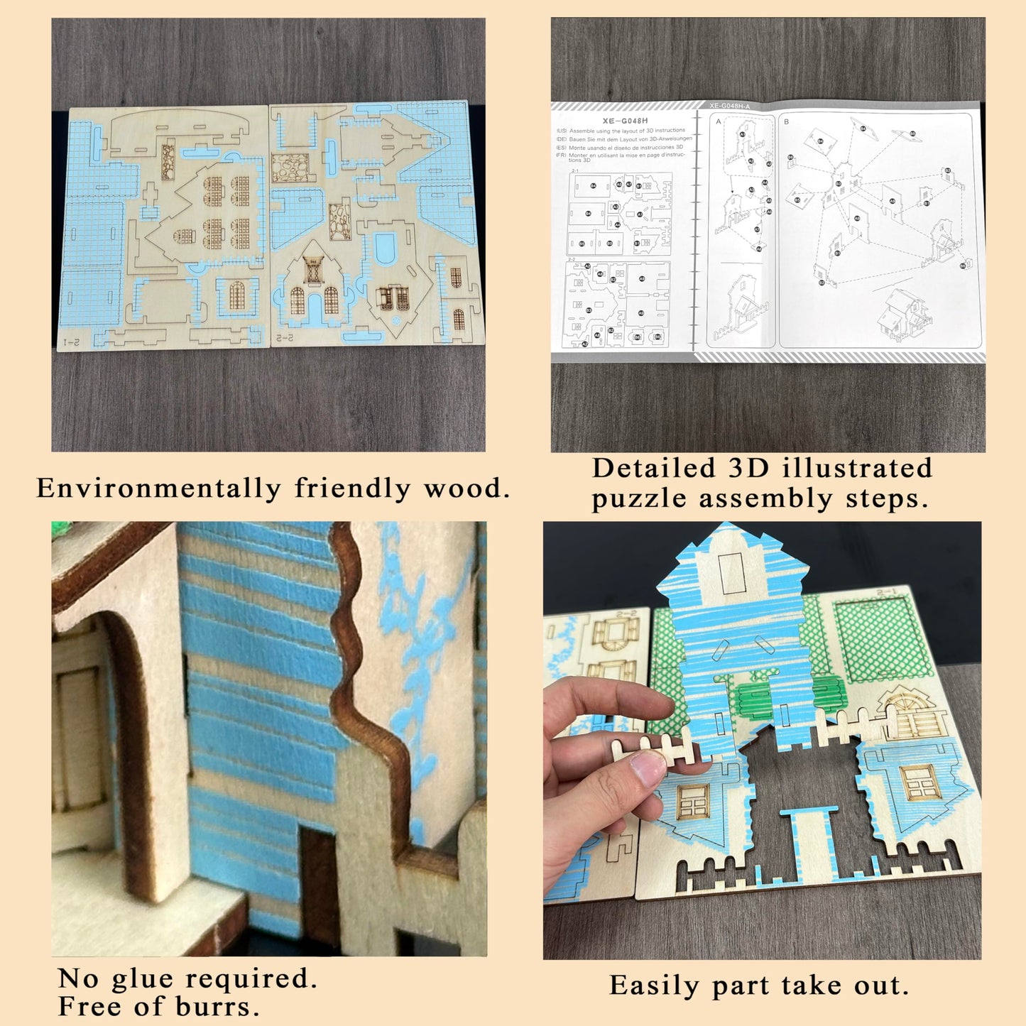 MPIUET Wooden 3D Puzzle – Blue Little House Kit for Teens & Adults (Glue-Free)