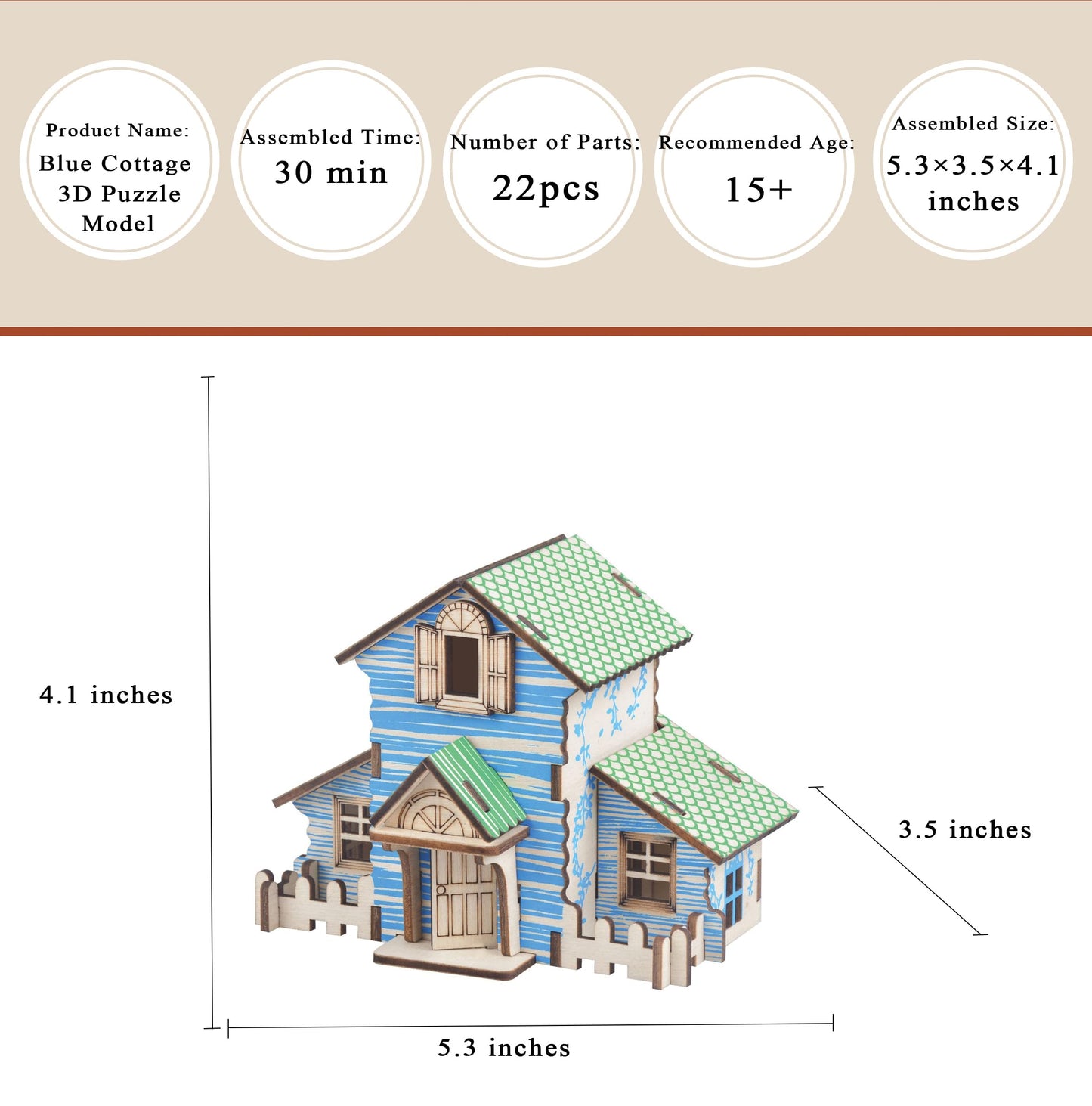MPIUET Wooden 3D Puzzle – Blue Little House Kit for Teens & Adults (Glue-Free)