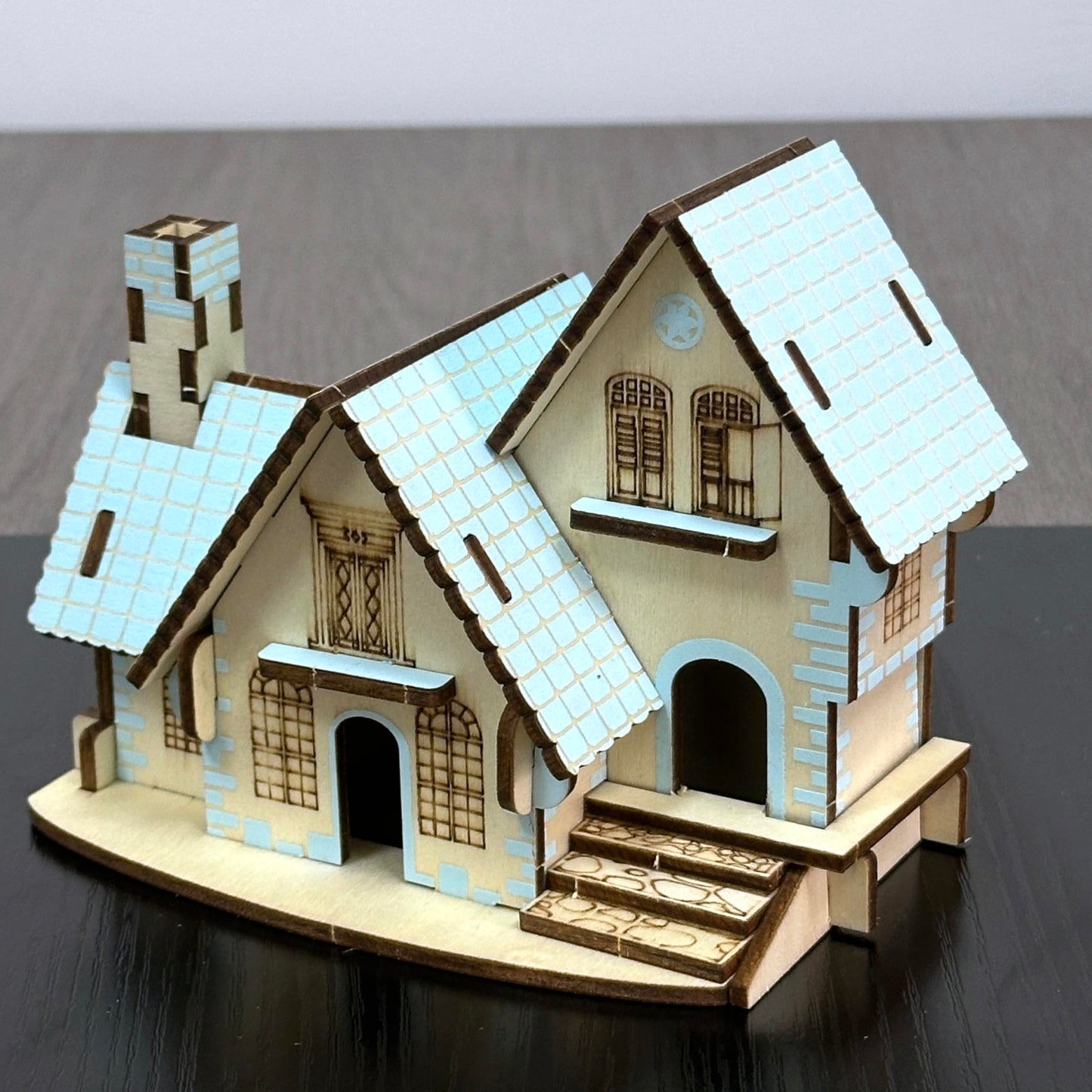MPIUET Wooden 3D Puzzle: Sky-Blue Log Cabin Miniature House Kit