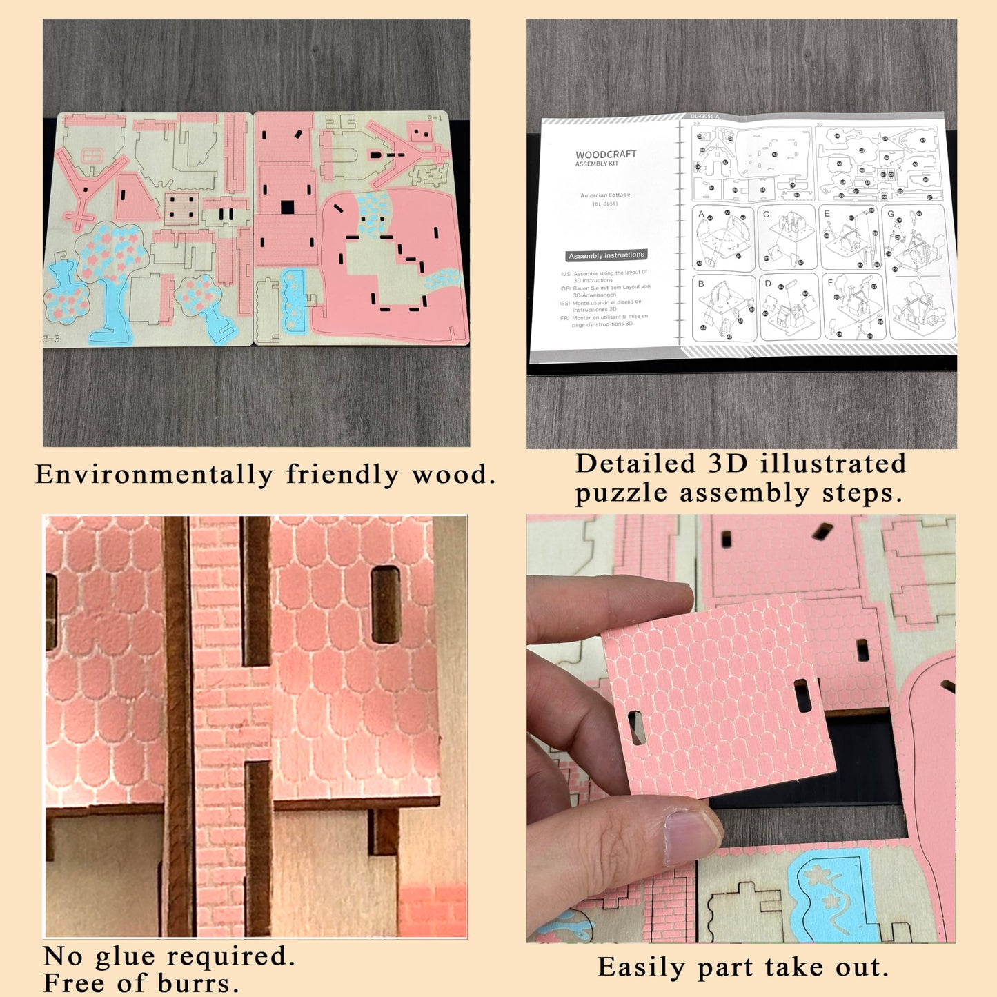 MPIUET Pink Little House 3D Puzzle – Eco-Friendly Wood Model Kit