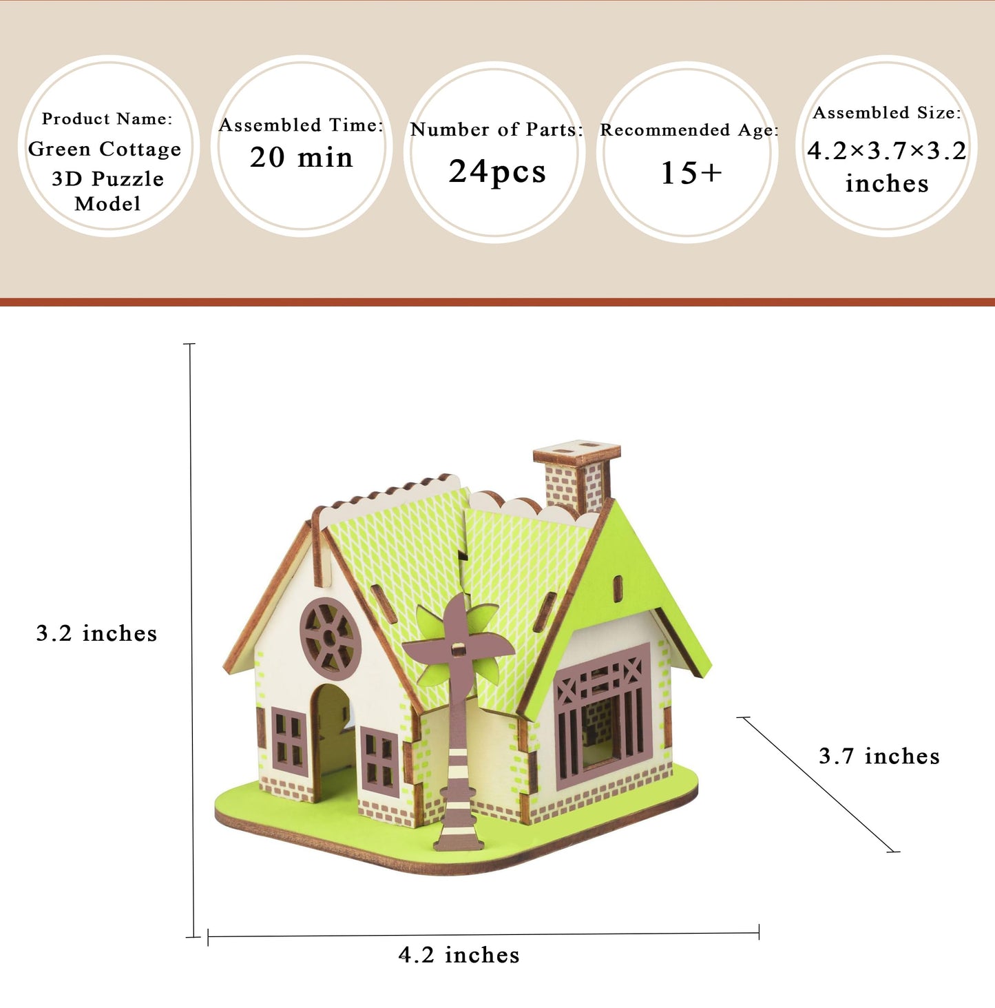 MPIUET Wooden 3D Puzzle – Green Little House Log Cabin Model Kit for Adults & Teens