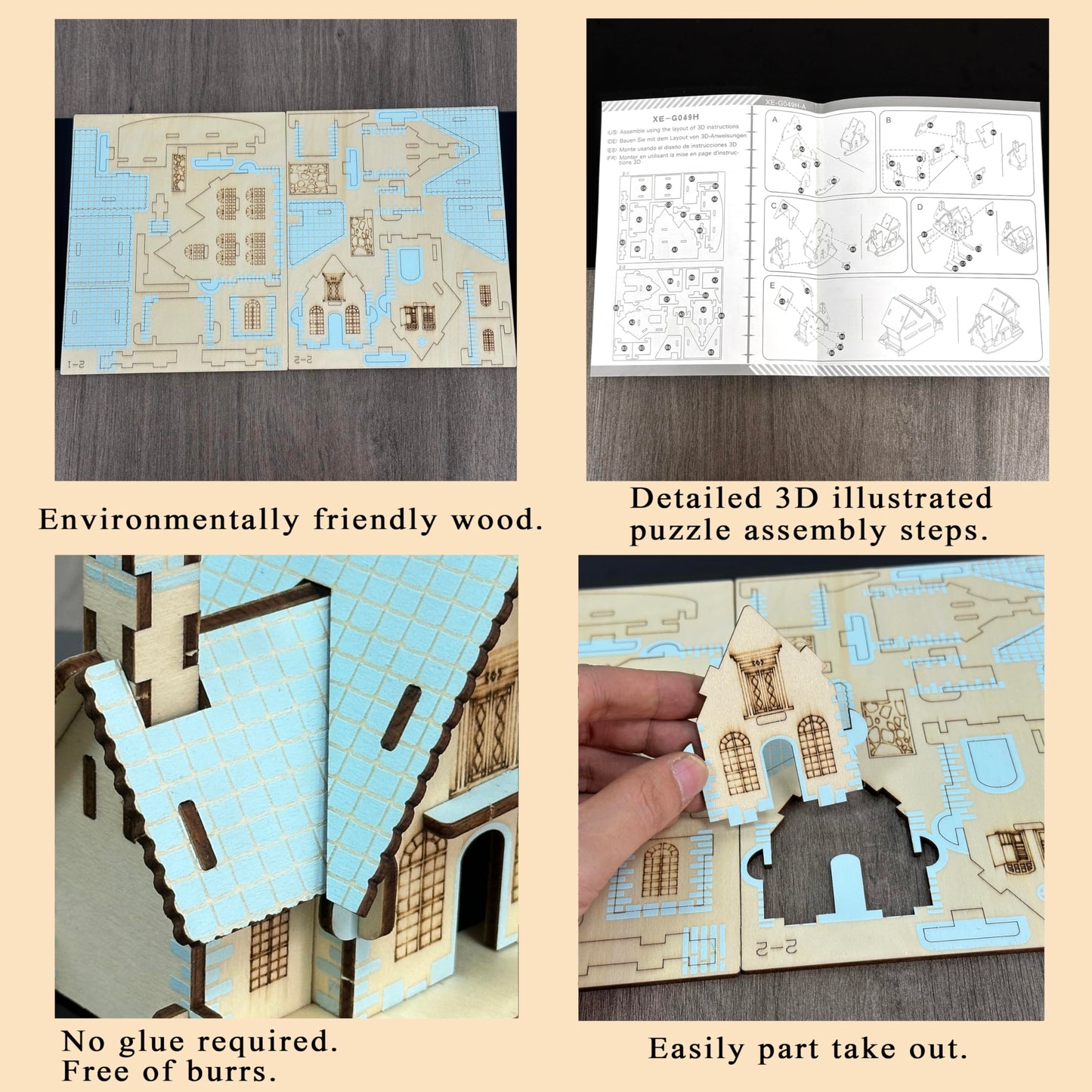 MPIUET Wooden 3D Puzzle: Sky-Blue Log Cabin Miniature House Kit