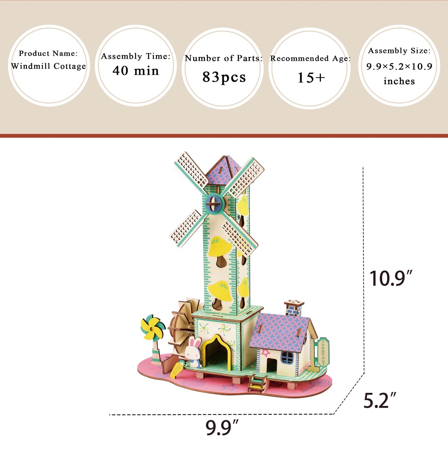 MPIUET Wooden 3D Puzzle Kit – Windmill Cottage & Little House
