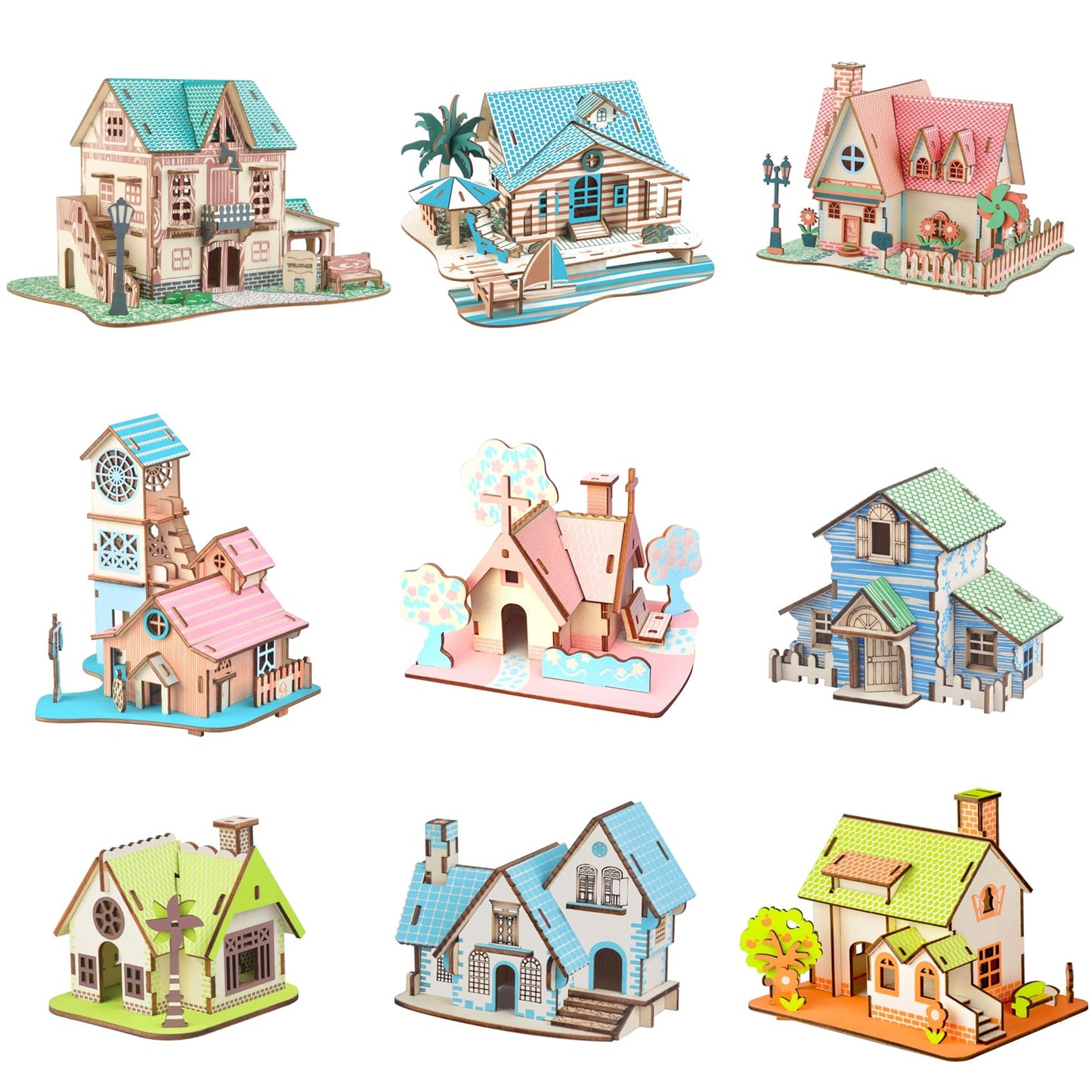 MPIUET Wooden 3D Puzzles – Log Cabin DIY Kit 9-in-1 (B) for Adults & Teens