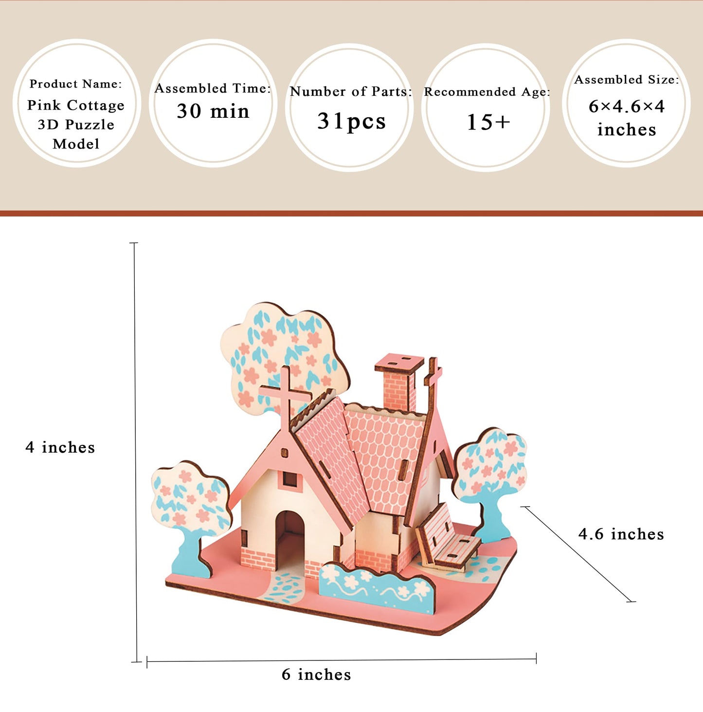 MPIUET Pink Little House 3D Puzzle – Eco-Friendly Wood Model Kit