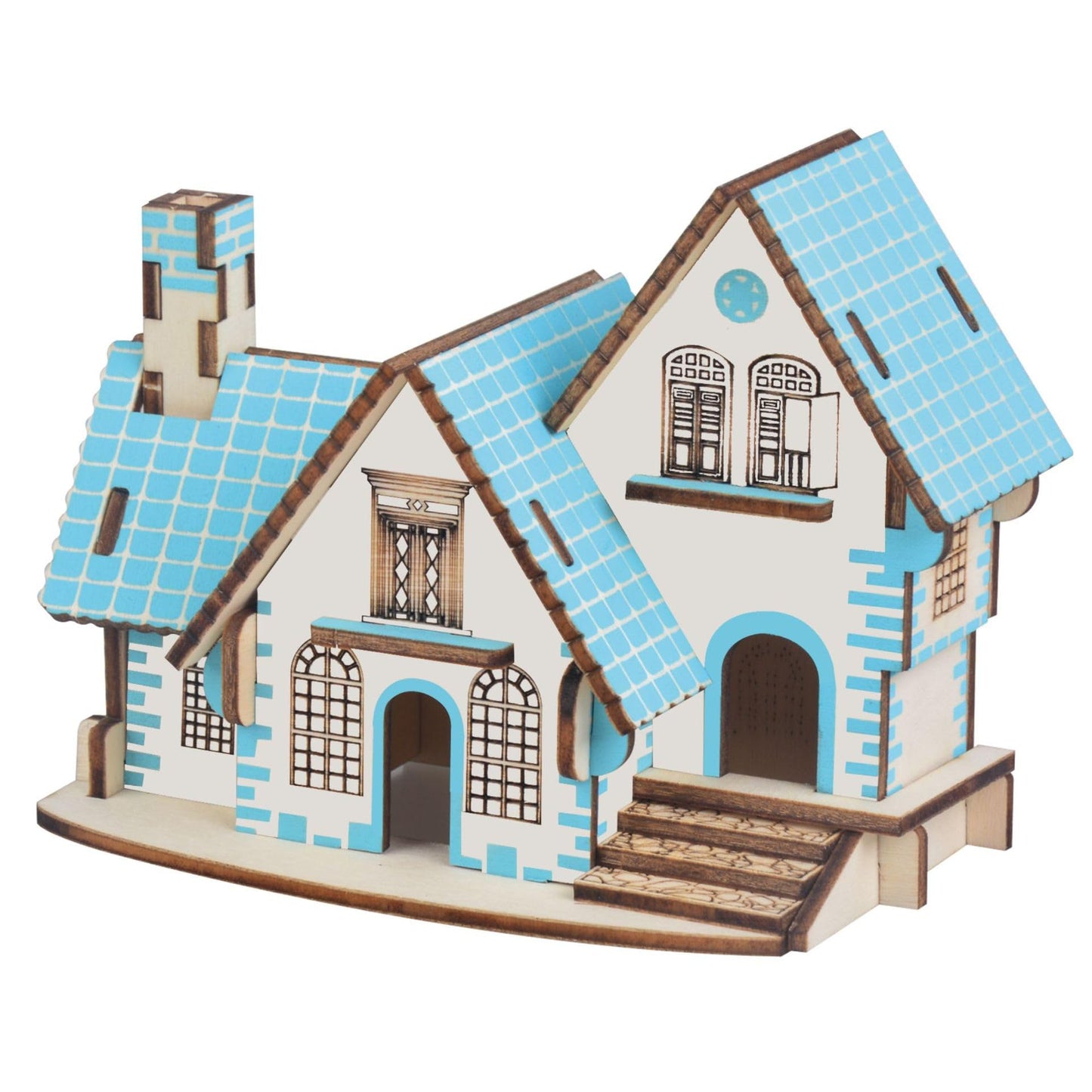 MPIUET Wooden 3D Puzzle: Sky-Blue Log Cabin Miniature House Kit