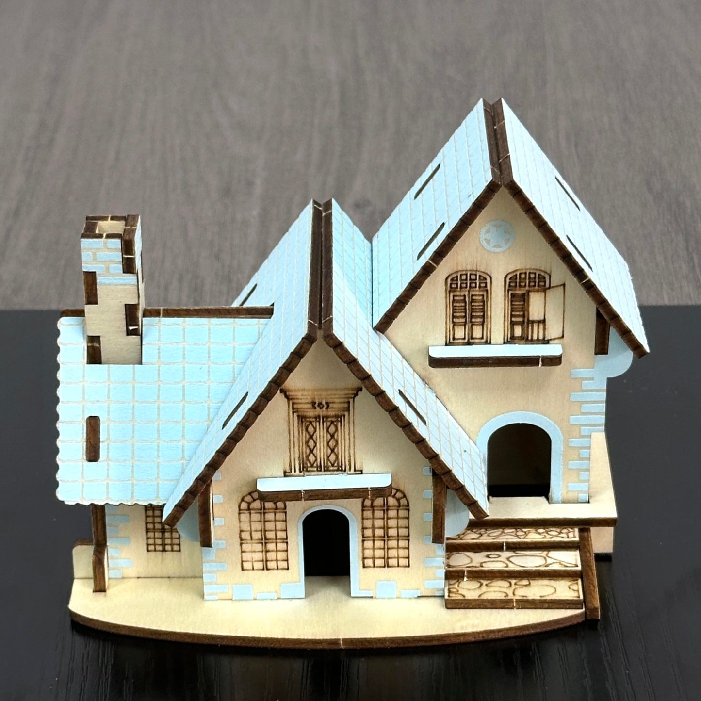 MPIUET Wooden 3D Puzzle: Sky-Blue Log Cabin Miniature House Kit