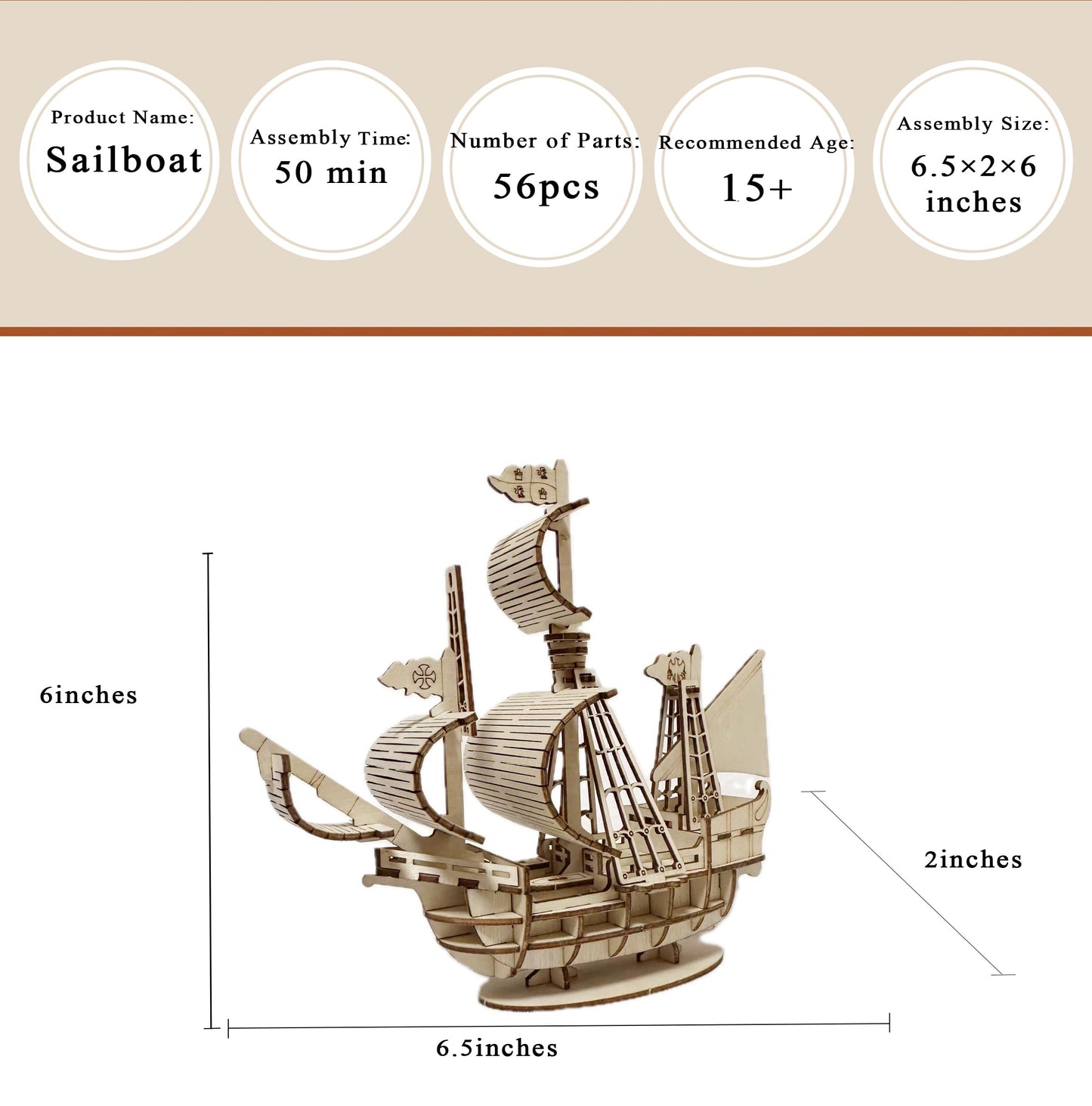 MPIUET 3D Wooden Sailboat Puzzle for Adults – No Glue, Burr-Free Model Kit