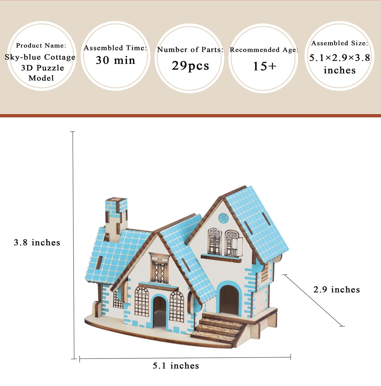MPIUET Wooden 3D Puzzle: Sky-Blue Log Cabin Miniature House Kit