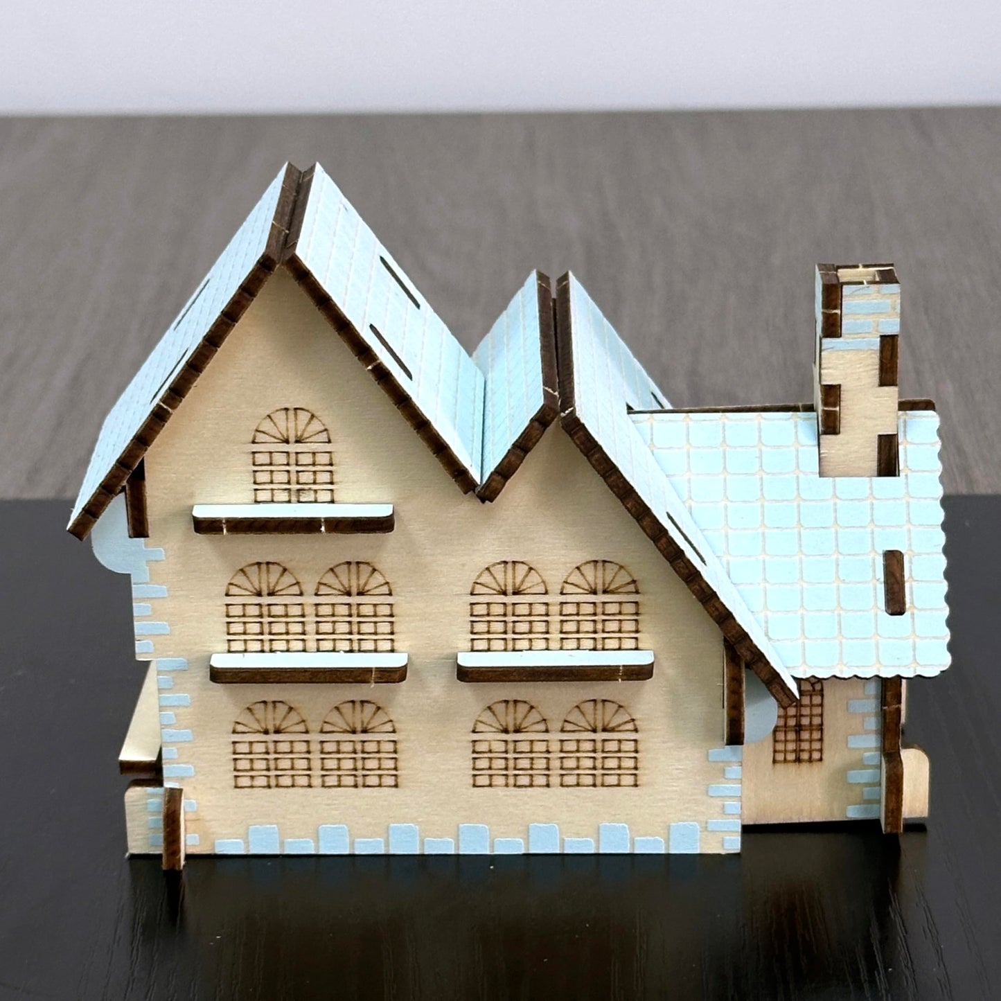 MPIUET Wooden 3D Puzzle: Sky-Blue Log Cabin Miniature House Kit