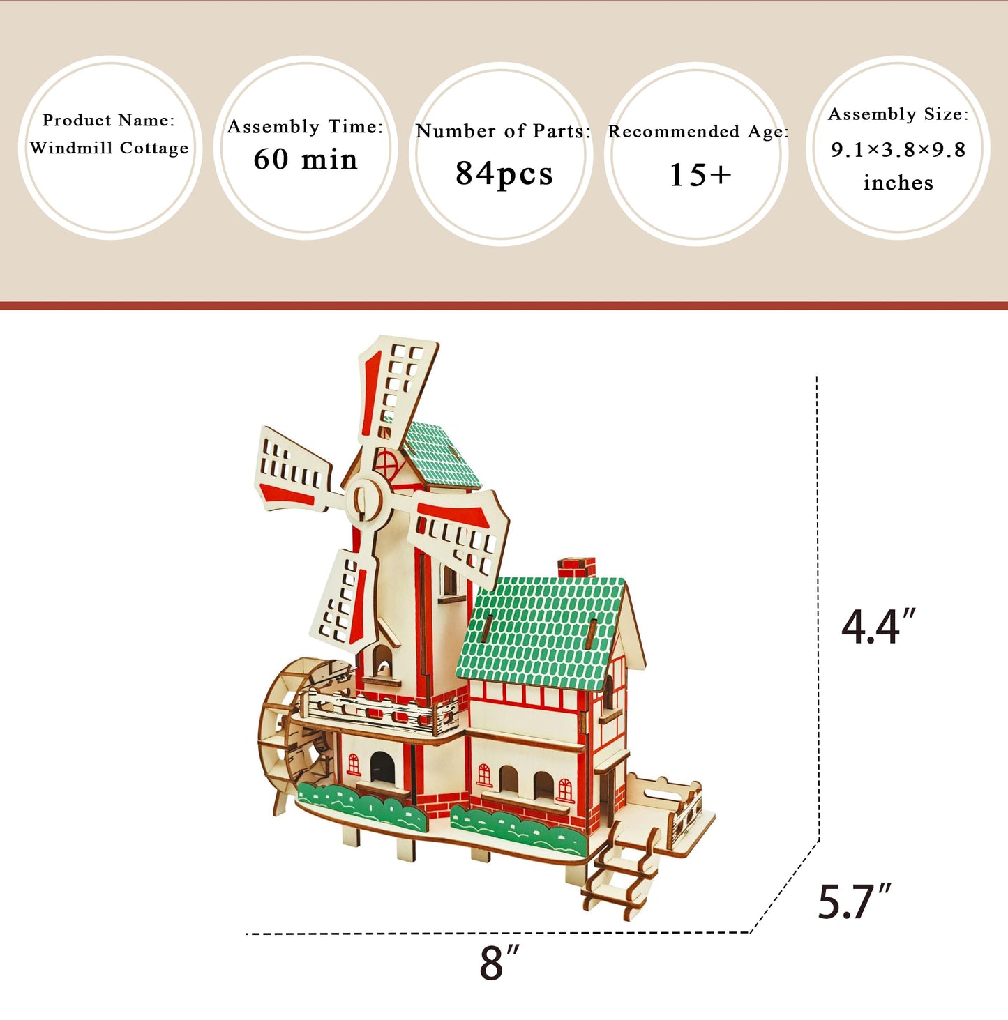 MPIUET Wooden 3D Puzzle Windmill Cottage | DIY Wood Miniature House Kit for Adults & Teens