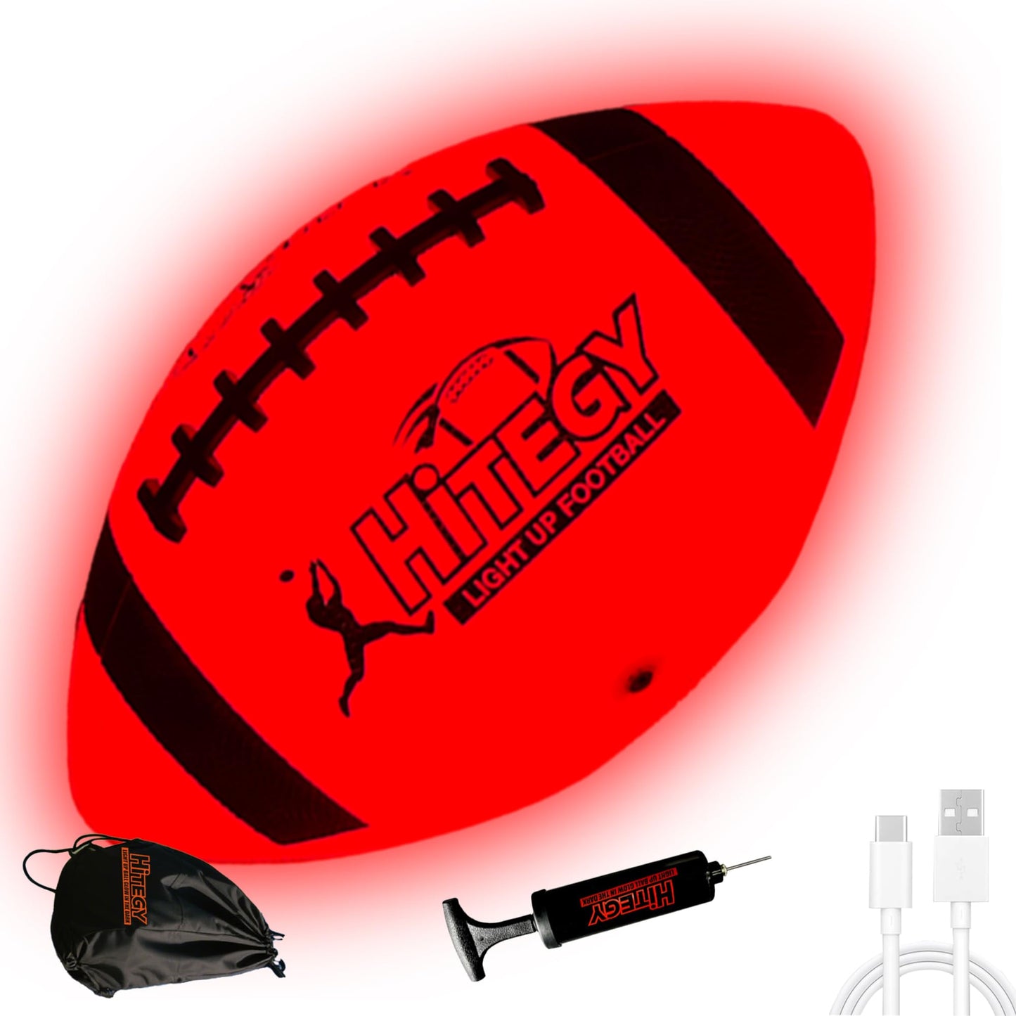 MPMVP Glow in The Dark Football Light Up Ball – USB-C Rechargeable LED Night Ball with Pump (Red, Gift Ready)