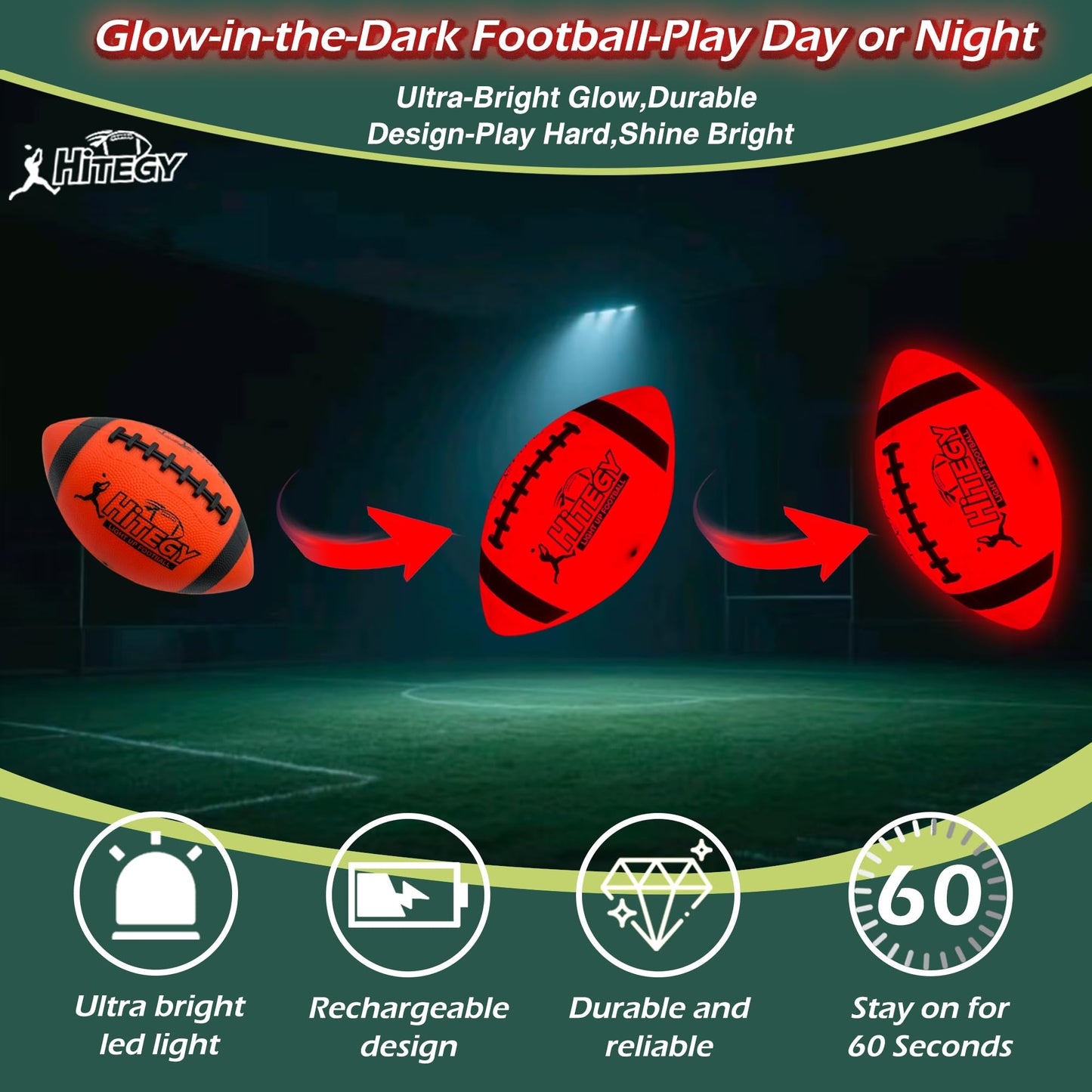 MPMVP Glow in The Dark Football Light Up Ball – USB-C Rechargeable LED Night Ball with Pump (Red, Gift Ready)