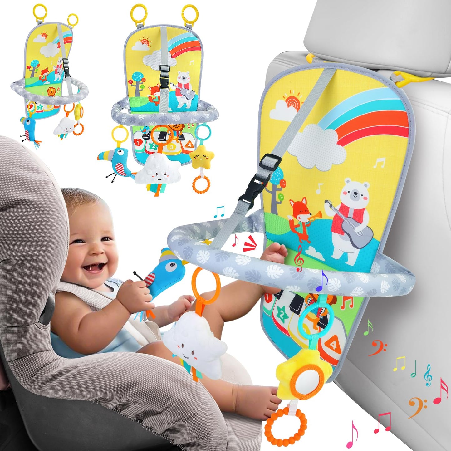 MPQMPQ Baby Car Seat Activity Toy for 6+ Months – Rear-Facing Travel Toy with Teether, Plush Toys & 2-Level Music