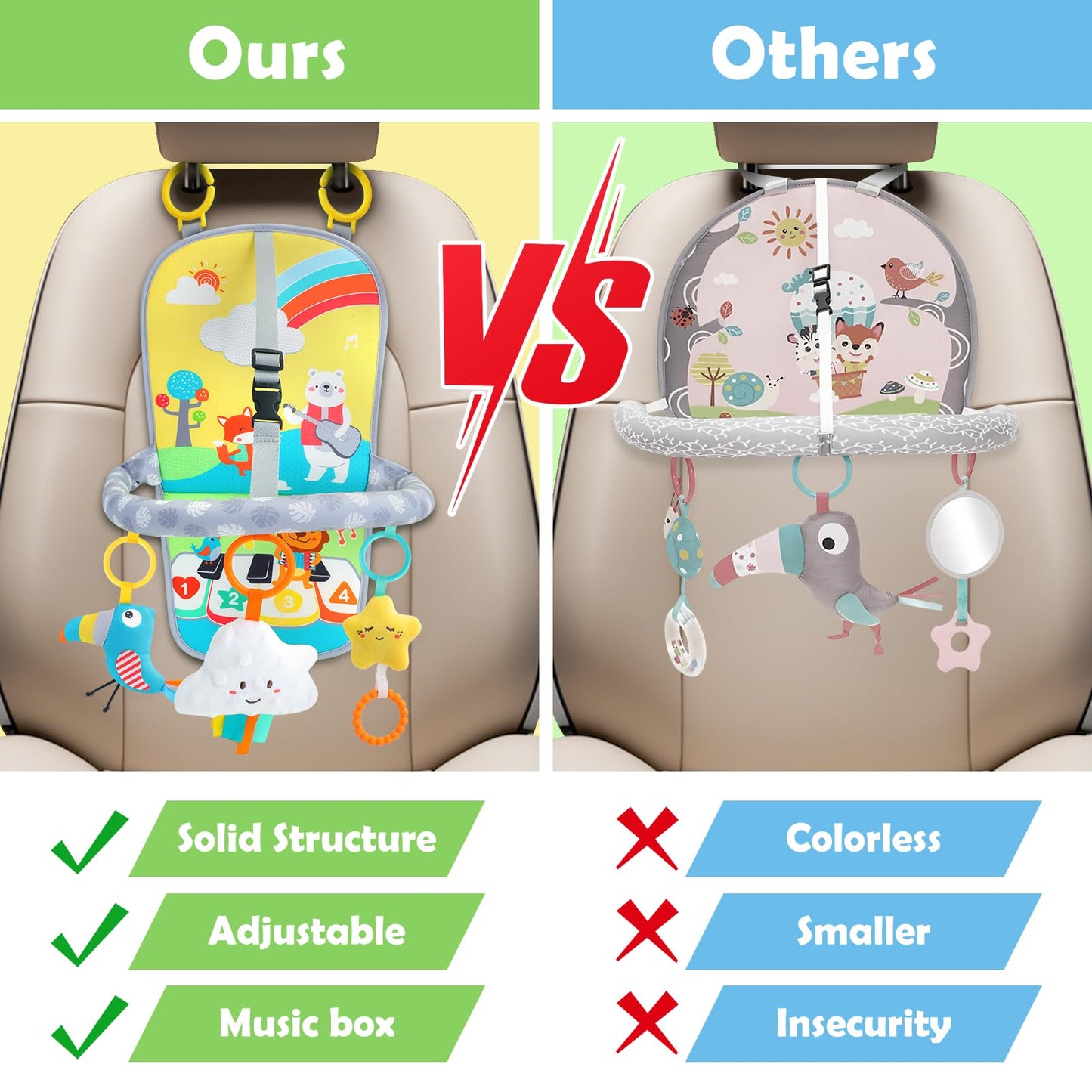 MPQMPQ Baby Car Seat Activity Toy for 6+ Months – Rear-Facing Travel Toy with Teether, Plush Toys & 2-Level Music