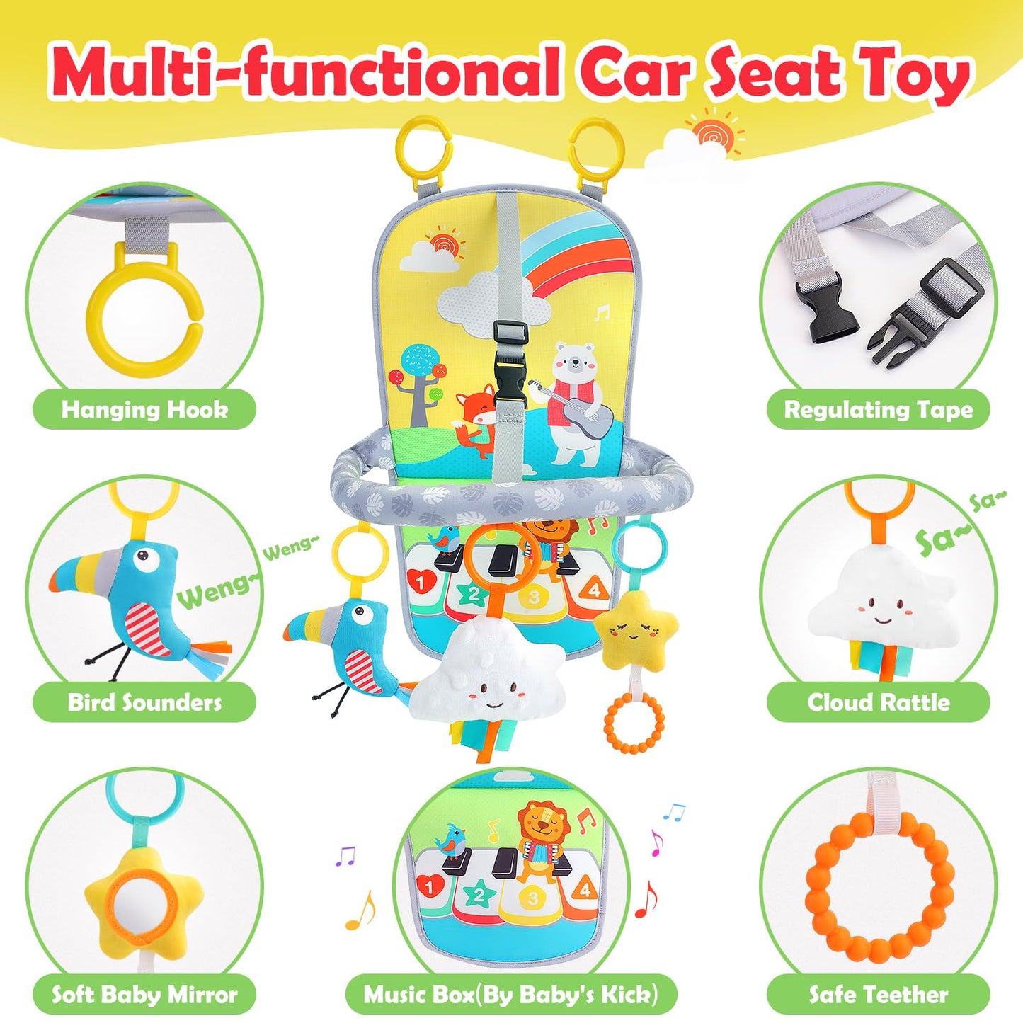 MPQMPQ Baby Car Seat Activity Toy for 6+ Months – Rear-Facing Travel Toy with Teether, Plush Toys & 2-Level Music