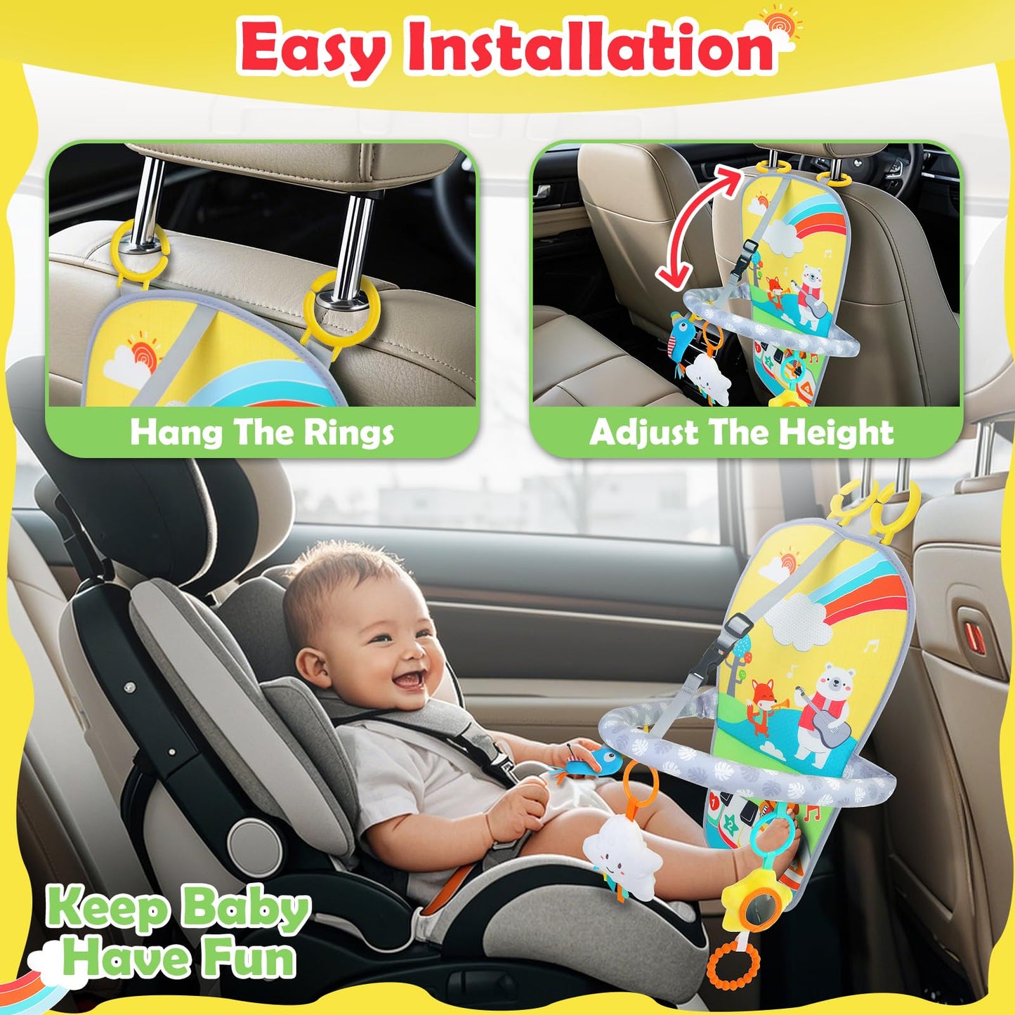 MPQMPQ Baby Car Seat Activity Toy for 6+ Months – Rear-Facing Travel Toy with Teether, Plush Toys & 2-Level Music