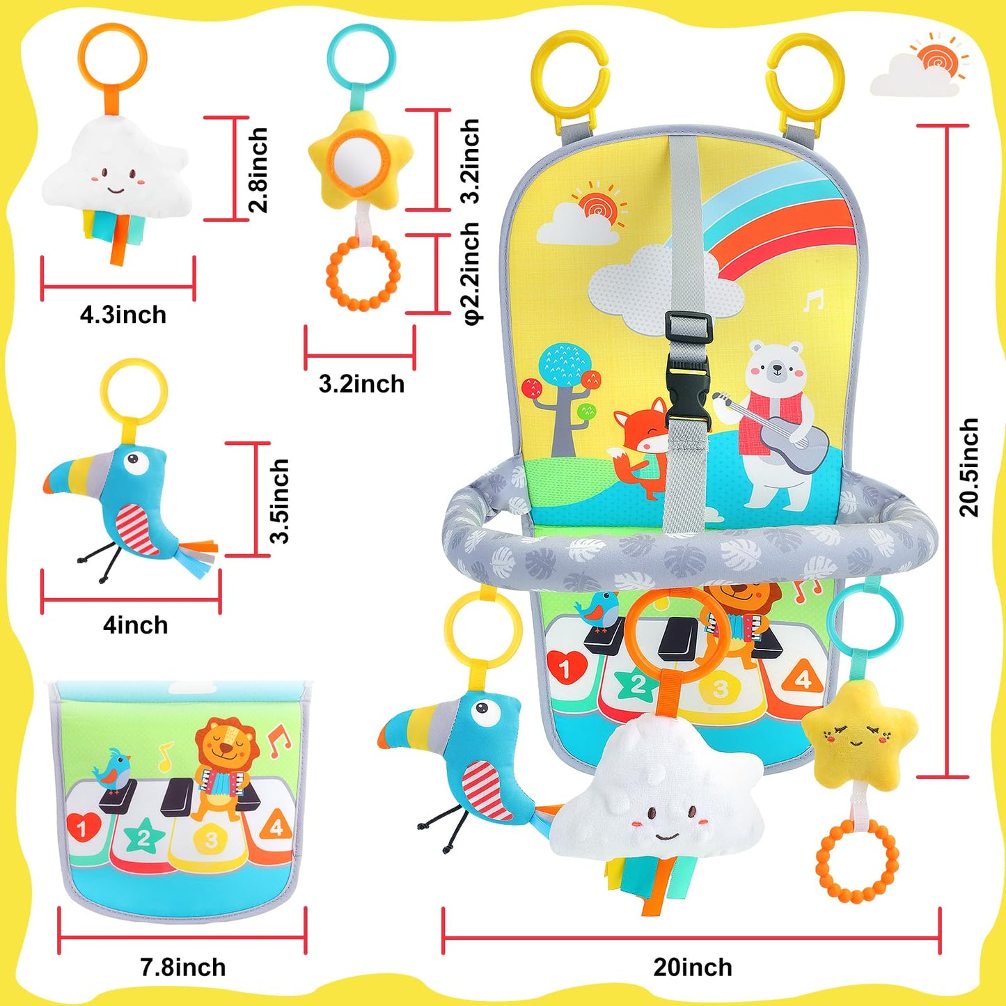 MPQMPQ Baby Car Seat Activity Toy for 6+ Months – Rear-Facing Travel Toy with Teether, Plush Toys & 2-Level Music