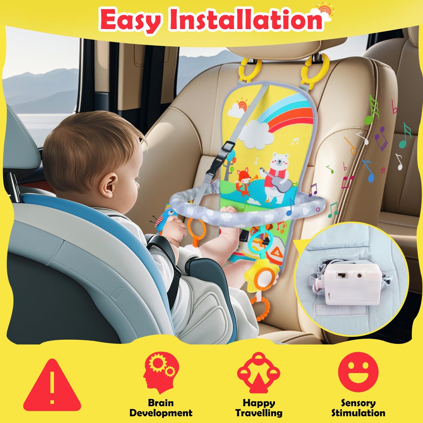 MPQMPQ Baby Car Seat Activity Toy for 6+ Months – Rear-Facing Travel Toy with Teether, Plush Toys & 2-Level Music