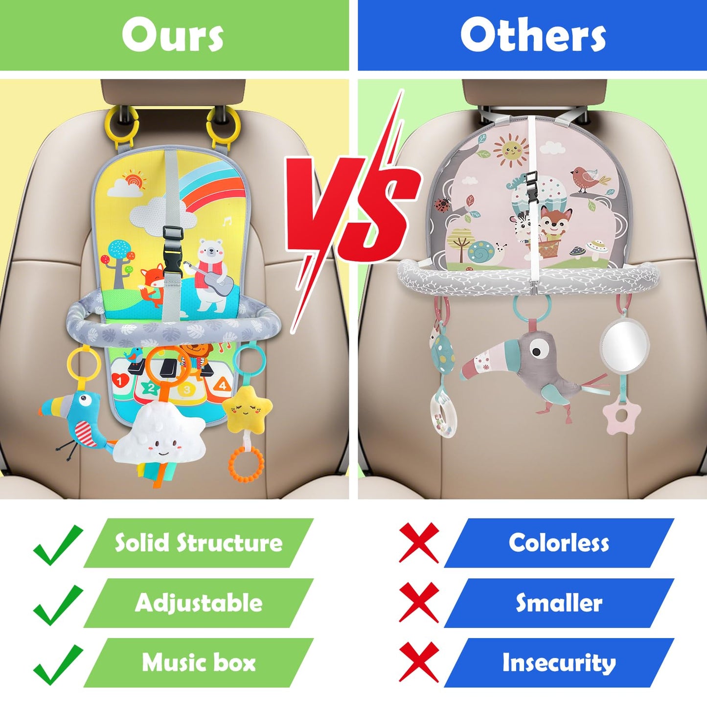 MPQMPQ Baby Car Seat Activity Toy for 6+ Months – Rear-Facing Travel Toy with Teether, Plush Toys & 2-Level Music