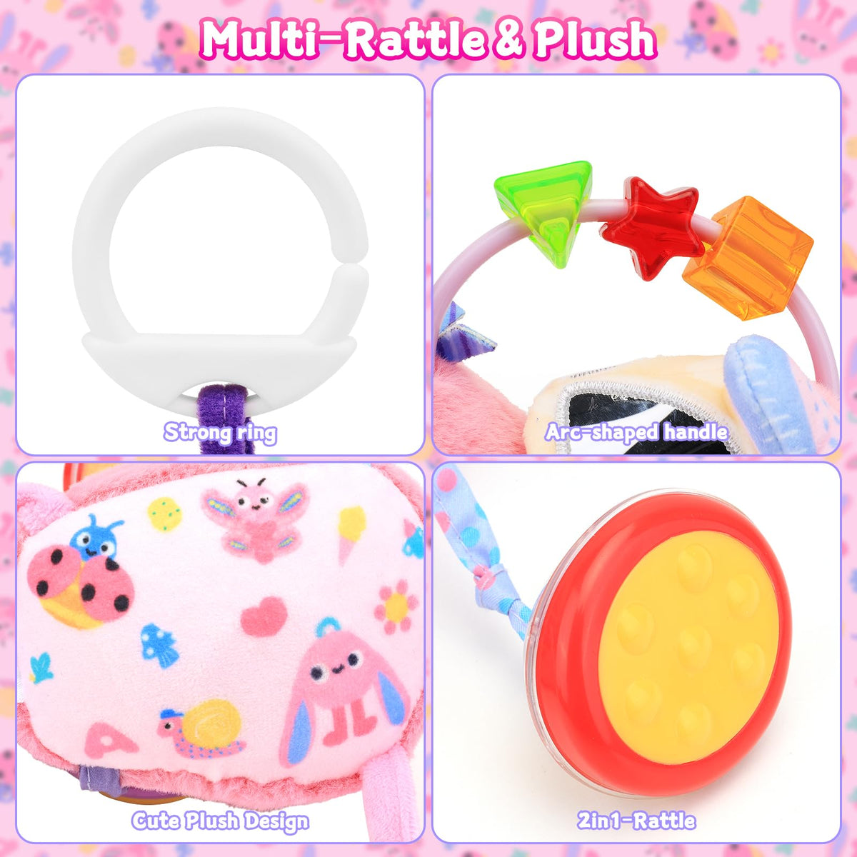 MPQMPQ Car Seat & Stroller Toy for Girls | Musical Sensory Plush Unicorn with Rattle & Mirror (0-12 Months)