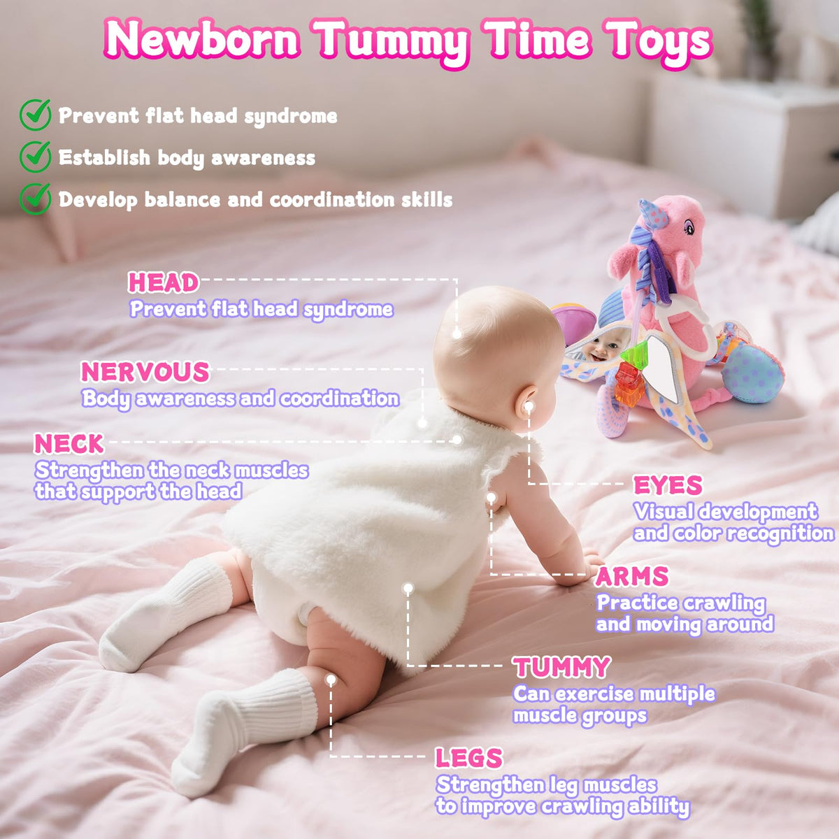 MPQMPQ Car Seat & Stroller Toy for Girls | Musical Sensory Plush Unicorn with Rattle & Mirror (0-12 Months)