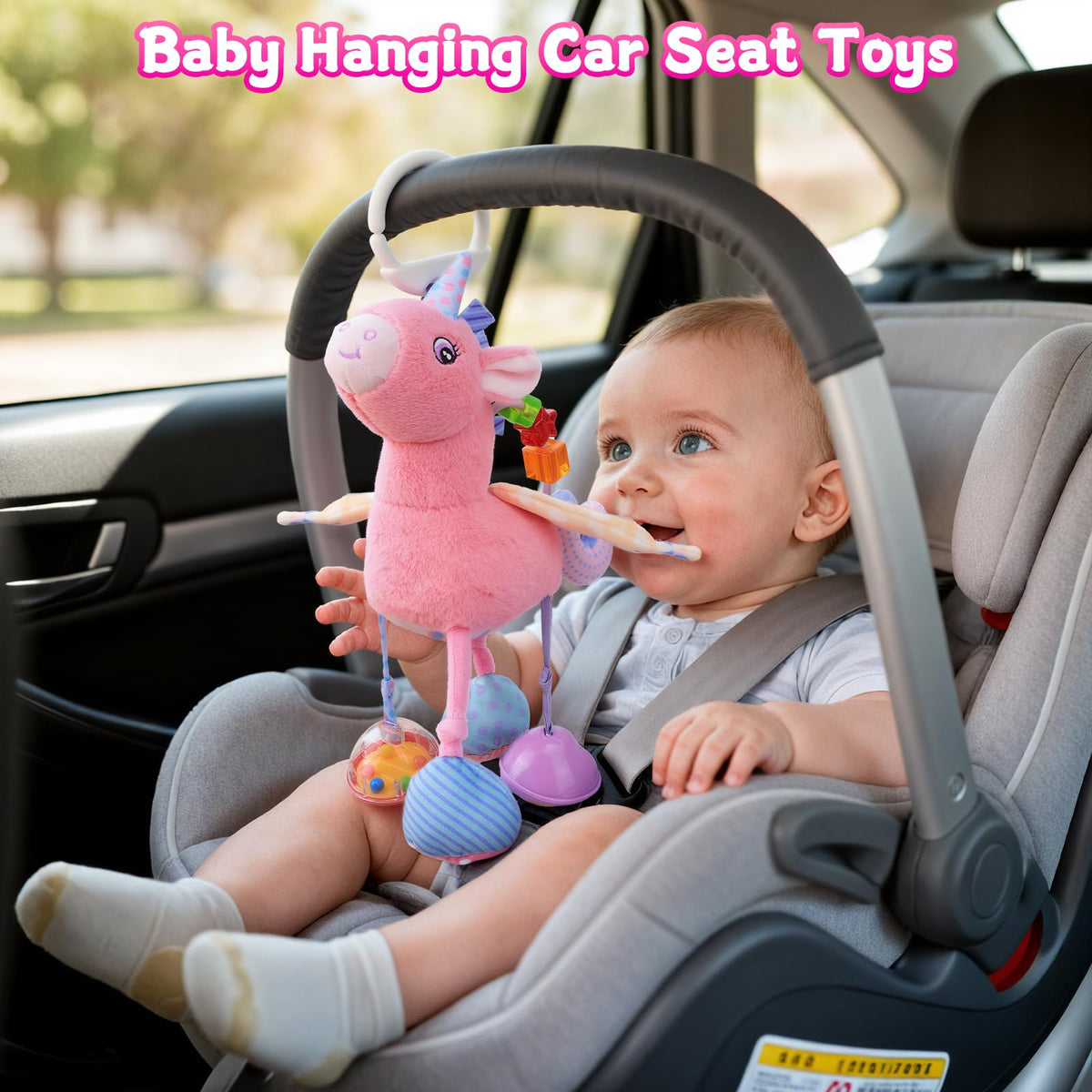 MPQMPQ Car Seat & Stroller Toy for Girls | Musical Sensory Plush Unicorn with Rattle & Mirror (0-12 Months)
