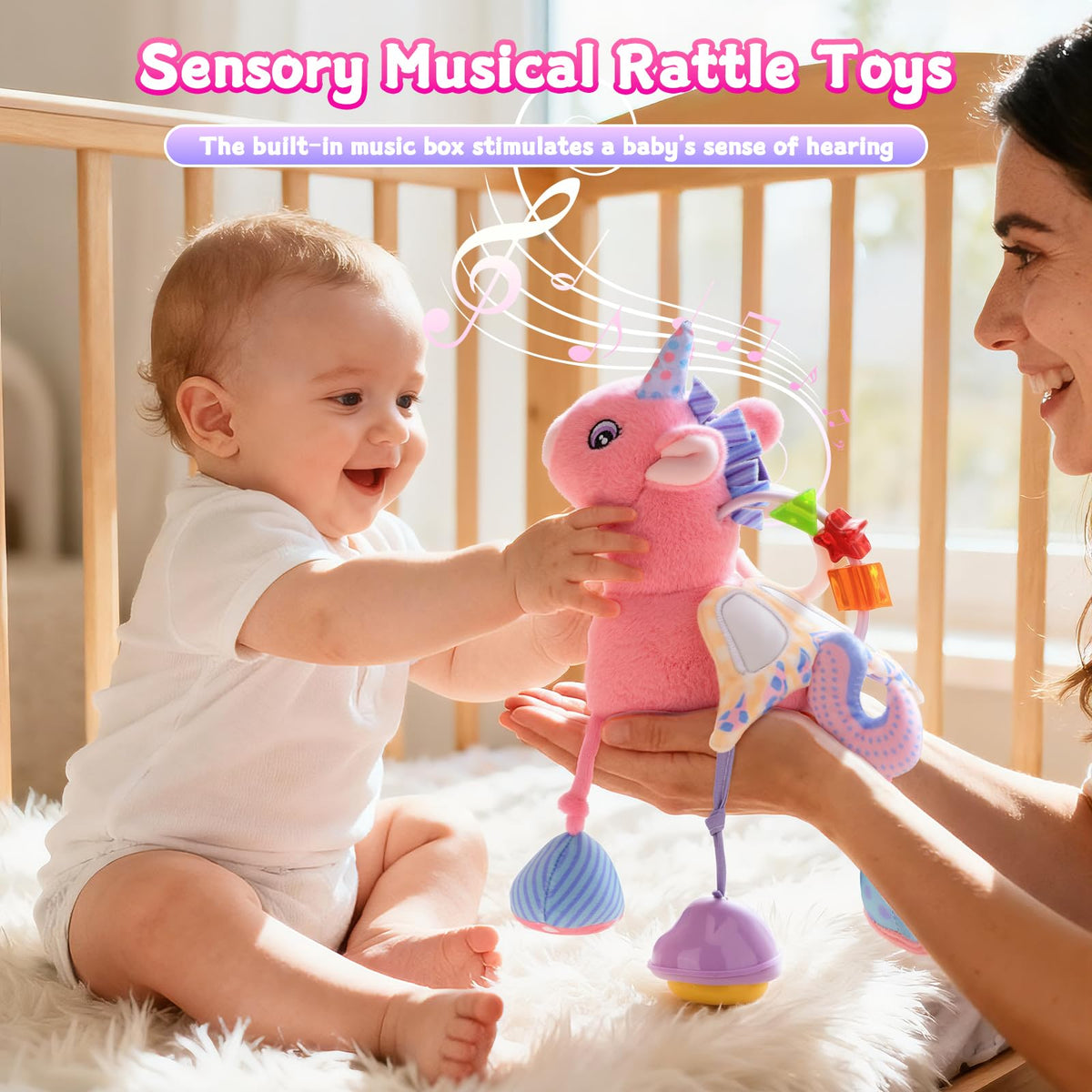 MPQMPQ Car Seat & Stroller Toy for Girls | Musical Sensory Plush Unicorn with Rattle & Mirror (0-12 Months)