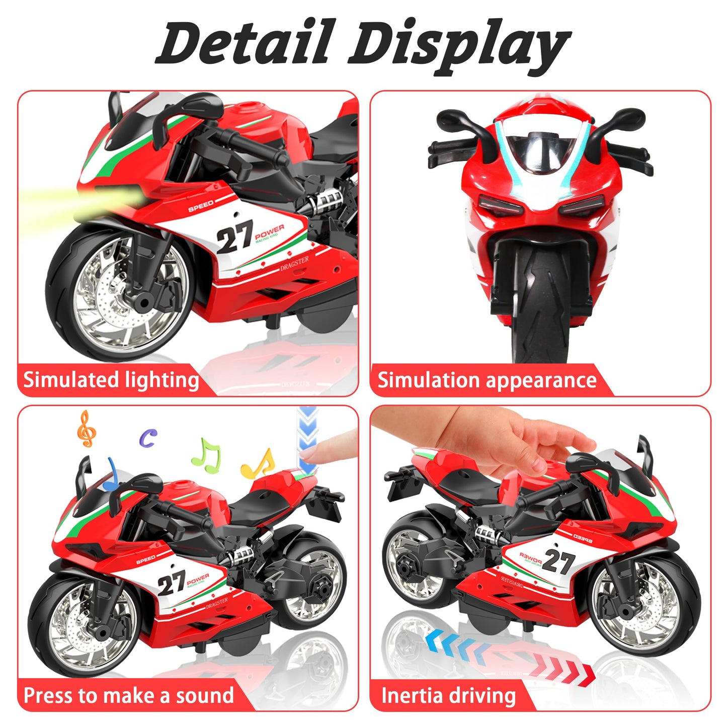 MQDMINI 4-Pack Pull-Back Motorcycle Toys – Lights, Sounds & Friction Drive for Kids 3-12
