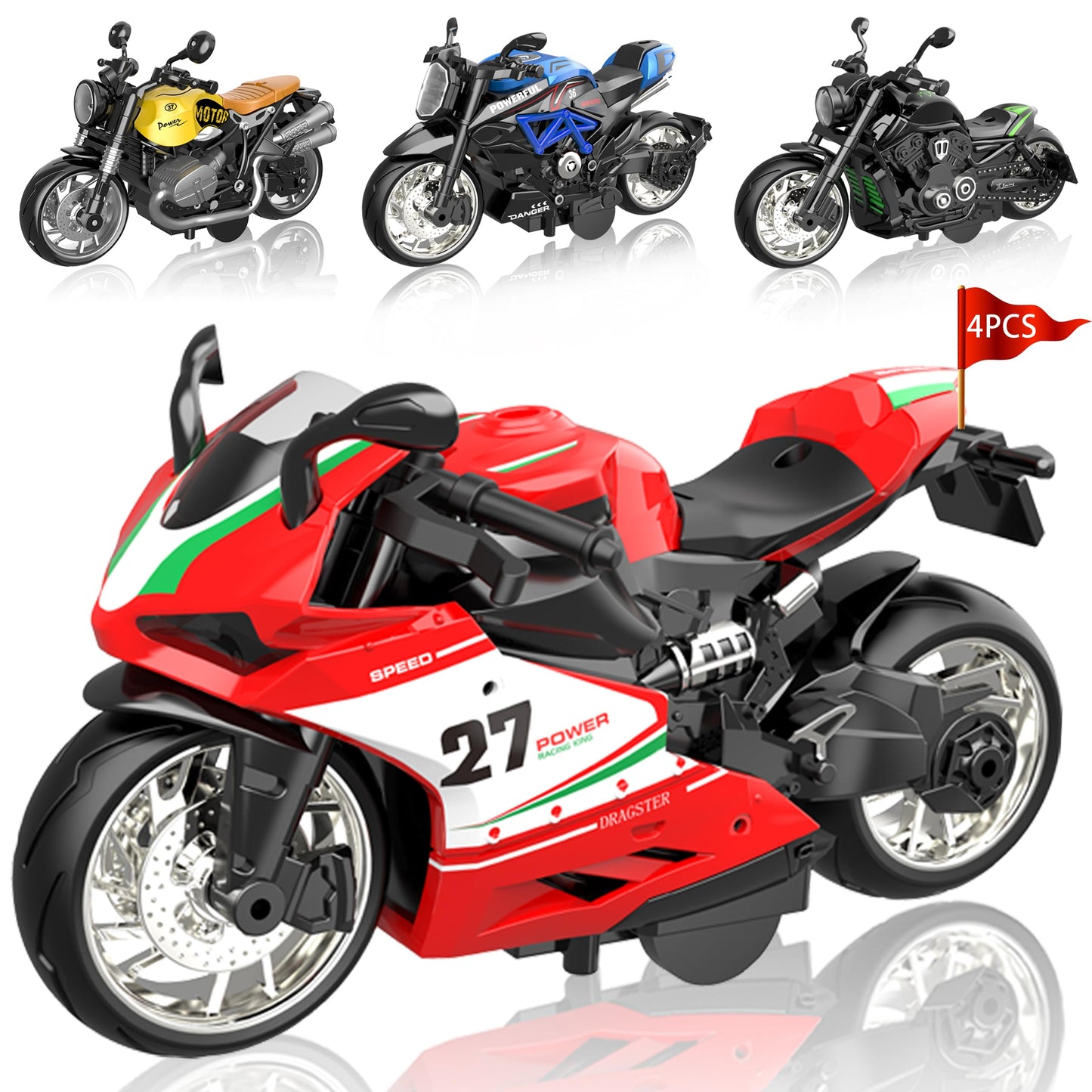 MQDMINI 4-Pack Pull-Back Motorcycle Toys – Lights, Sounds & Friction Drive for Kids 3-12