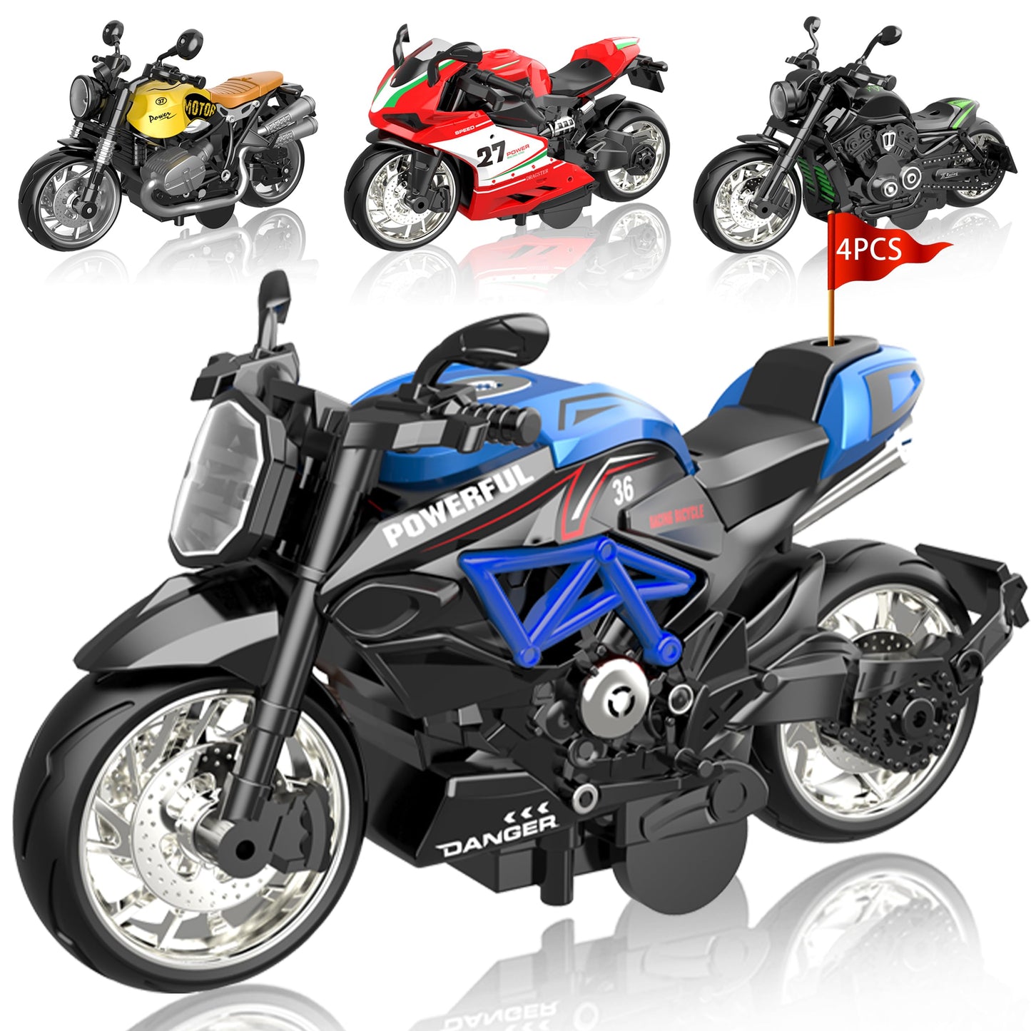 MQDMINI 4-Pack Pull-Back Motorcycle Toys | Friction-Powered Cars with Lights & Sounds