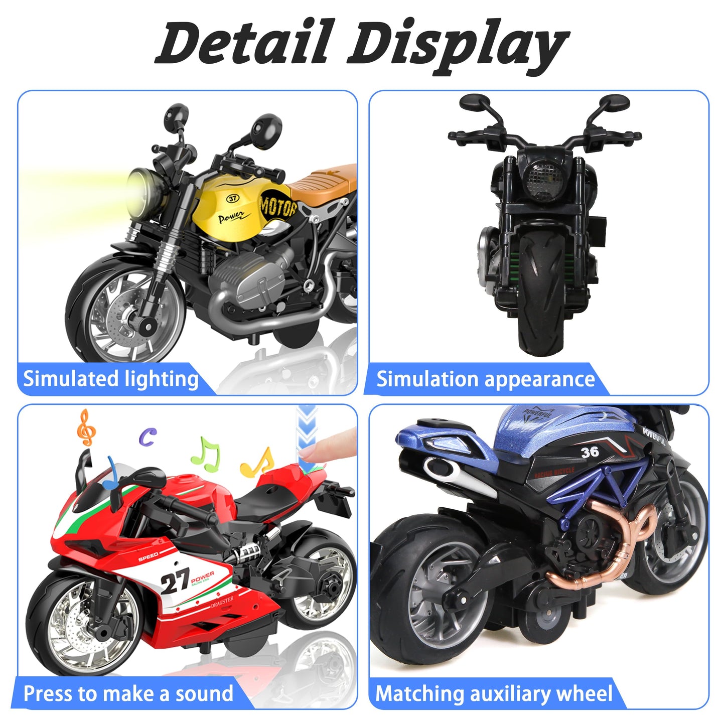 MQDMINI 4-Pack Pull-Back Motorcycle Toys | Friction-Powered Cars with Lights & Sounds