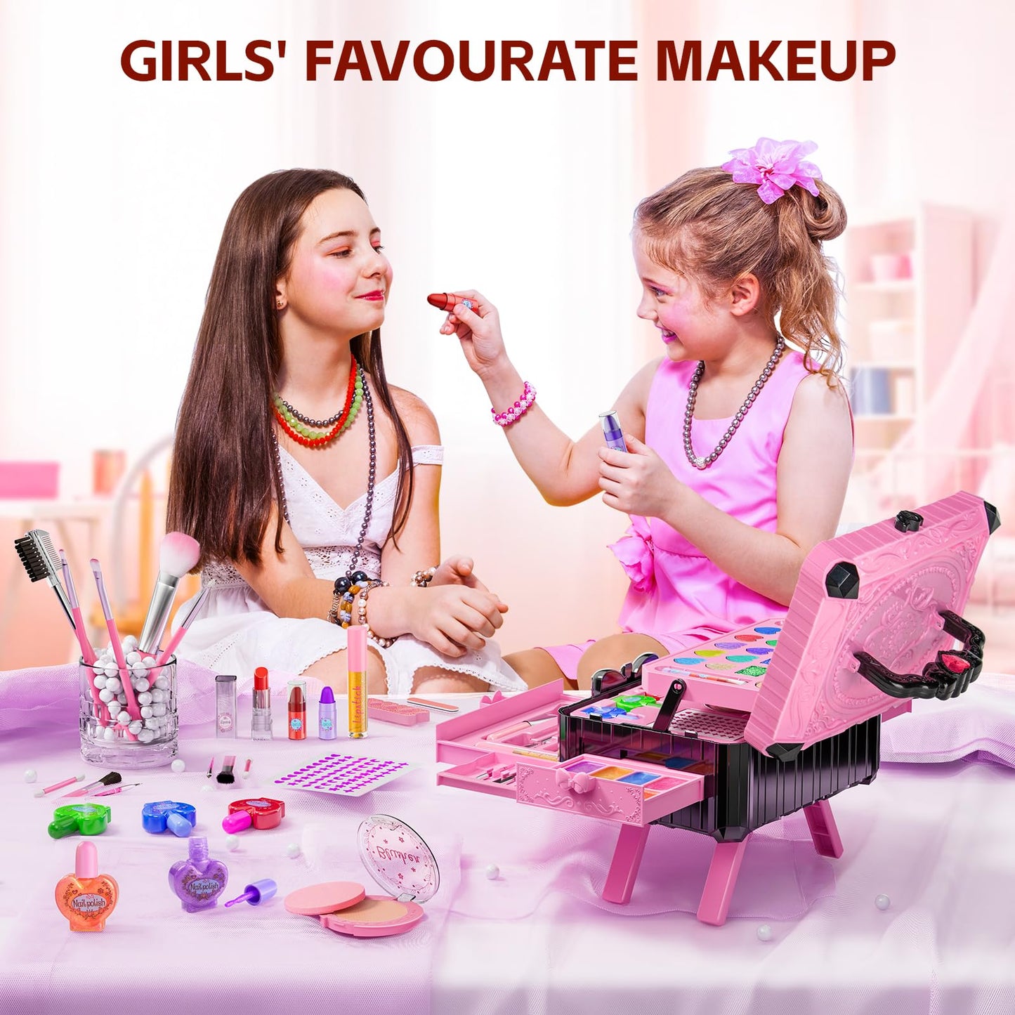 Mqsiuve Kids Makeup Sets – Real Washable Princess Toys with Mirror & Dressing Table Stand