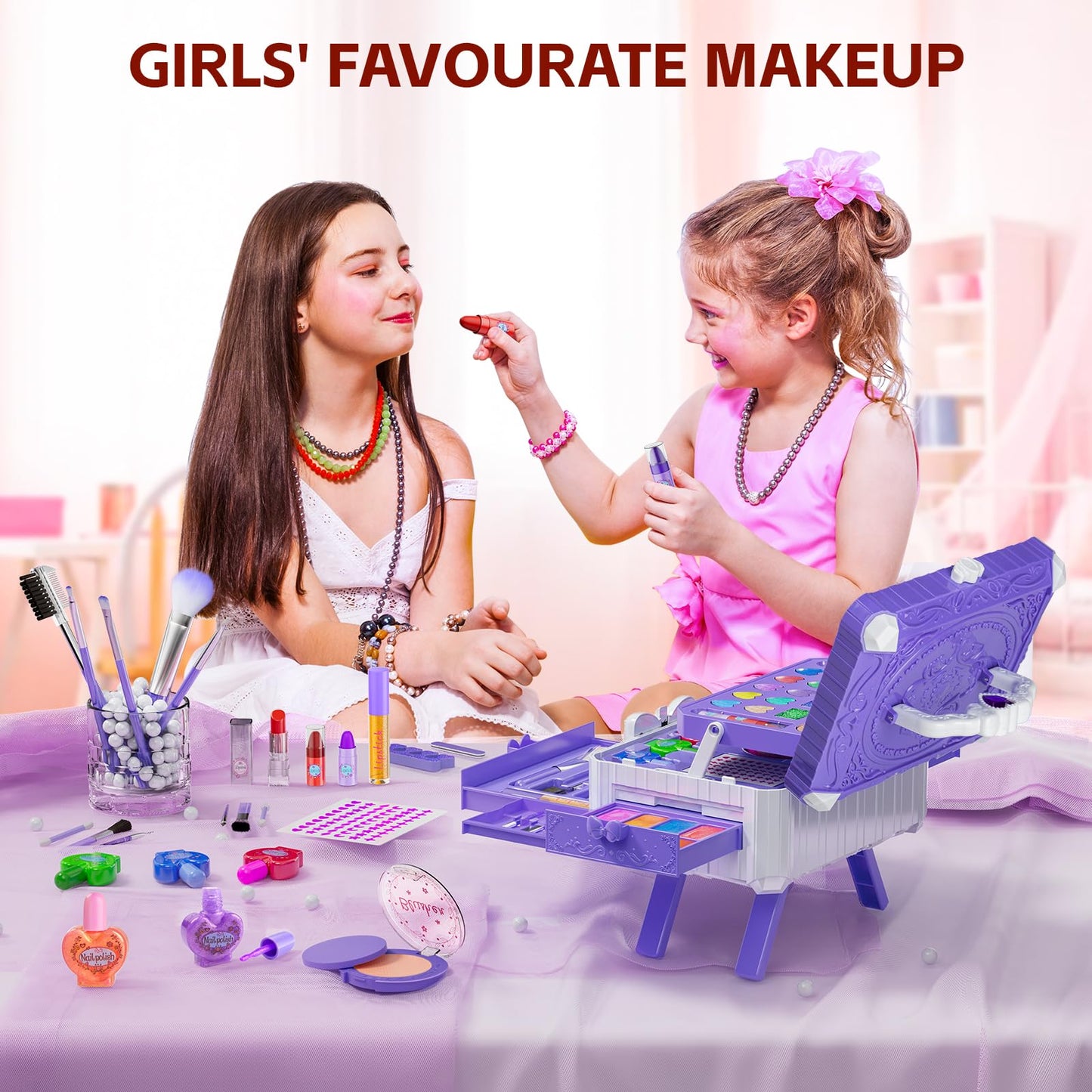 Mqsiuve Kids Makeup Sets for Girls – Washable Princess Kit with Mirror & Dressing Table Stand (Ages 3–12)