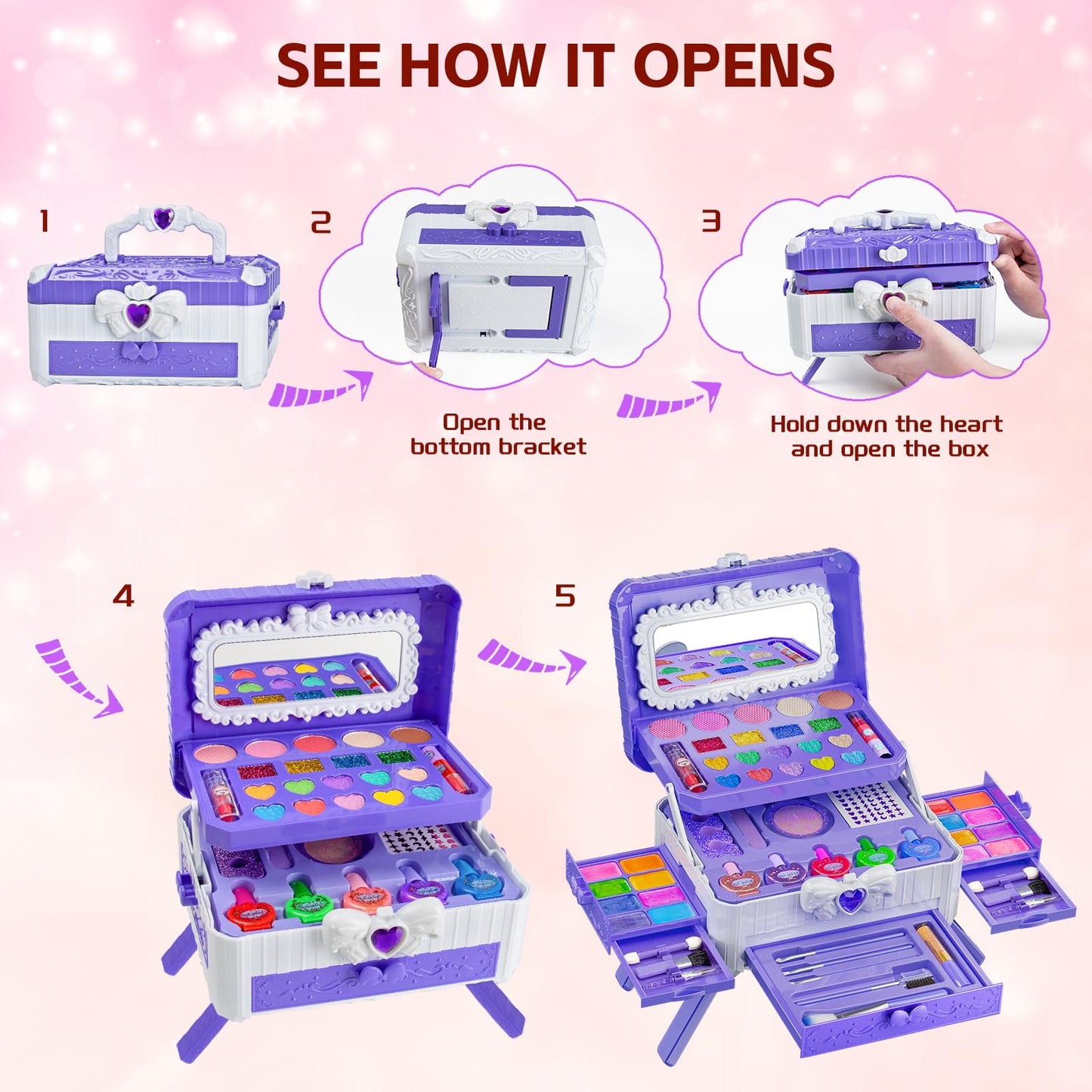 Mqsiuve Kids Makeup Sets for Girls – Washable Princess Kit with Mirror & Dressing Table Stand (Ages 3–12)