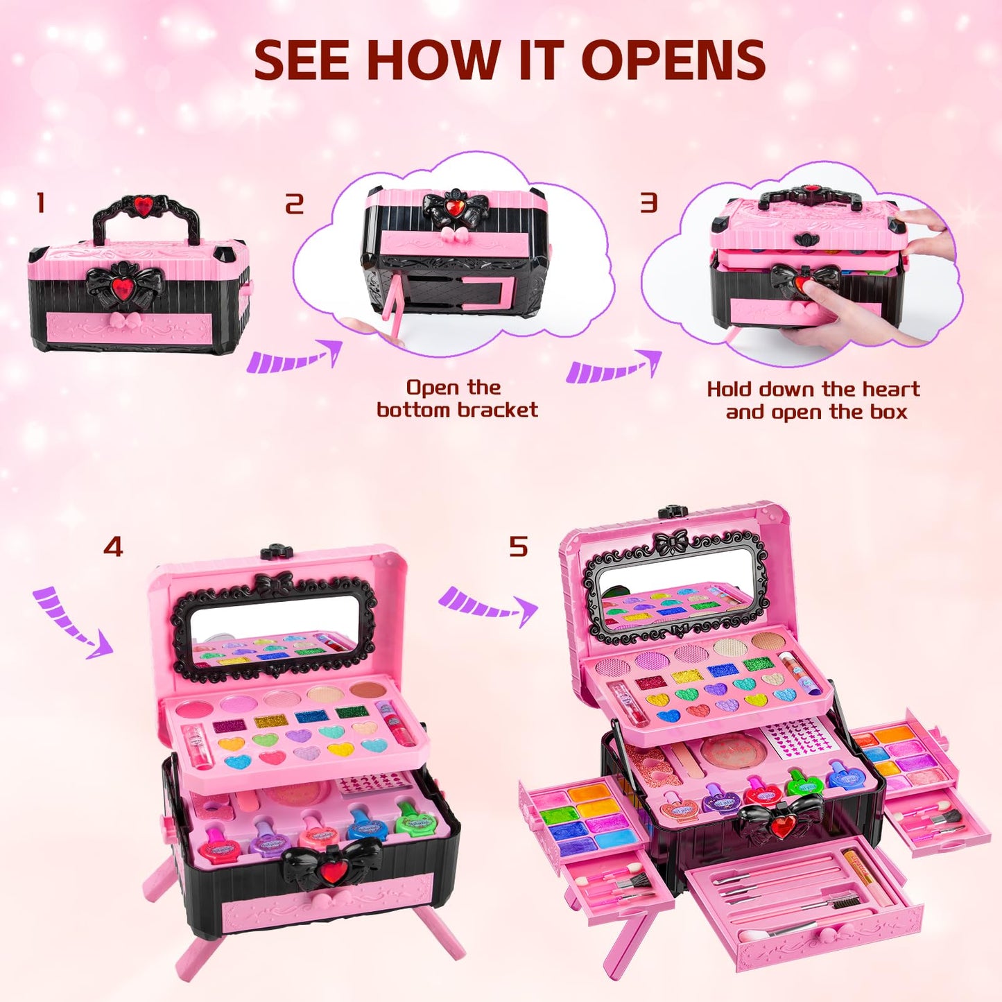 Mqsiuve Kids Makeup Sets – Real Washable Princess Toys with Mirror & Dressing Table Stand