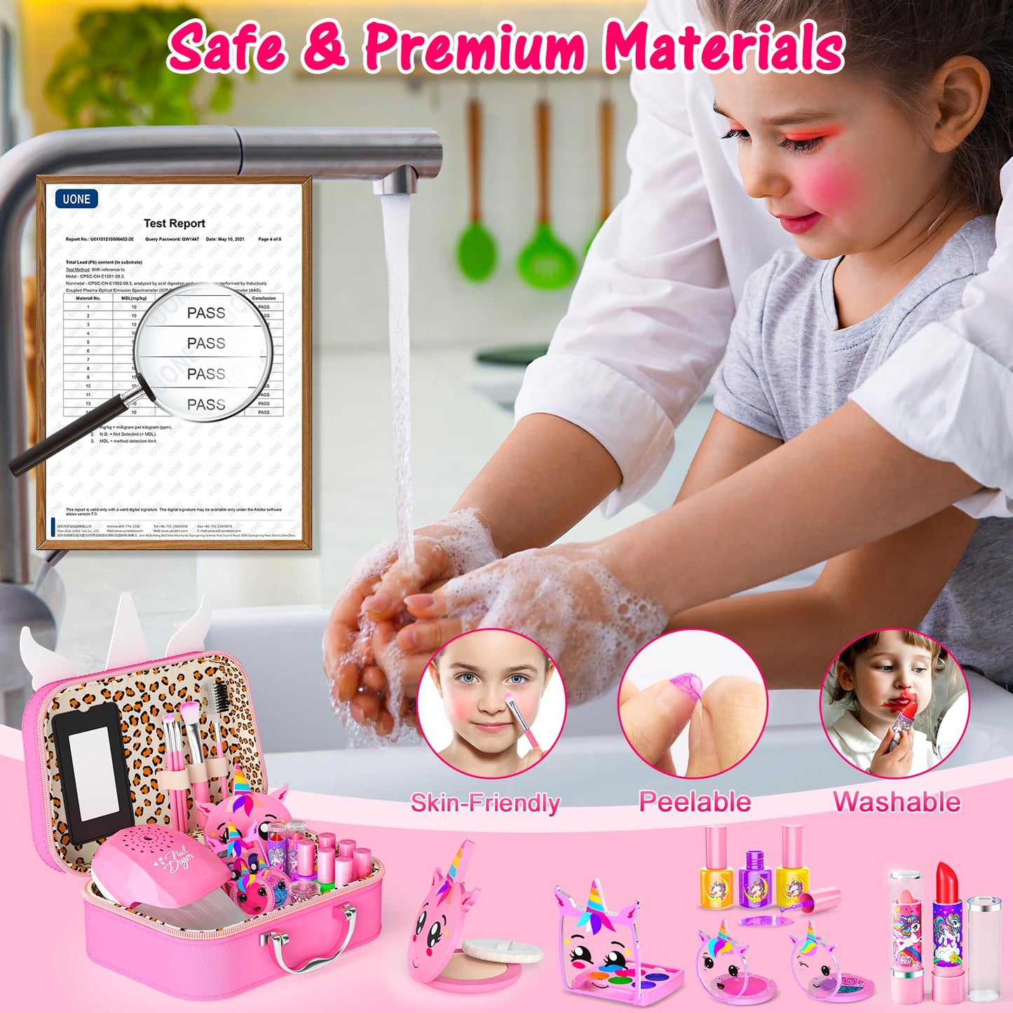 Mqsiuve Kids Makeup Kit for Girls - 2-in-1 Washable Toy Makeup & Nail Art Set (Pink)