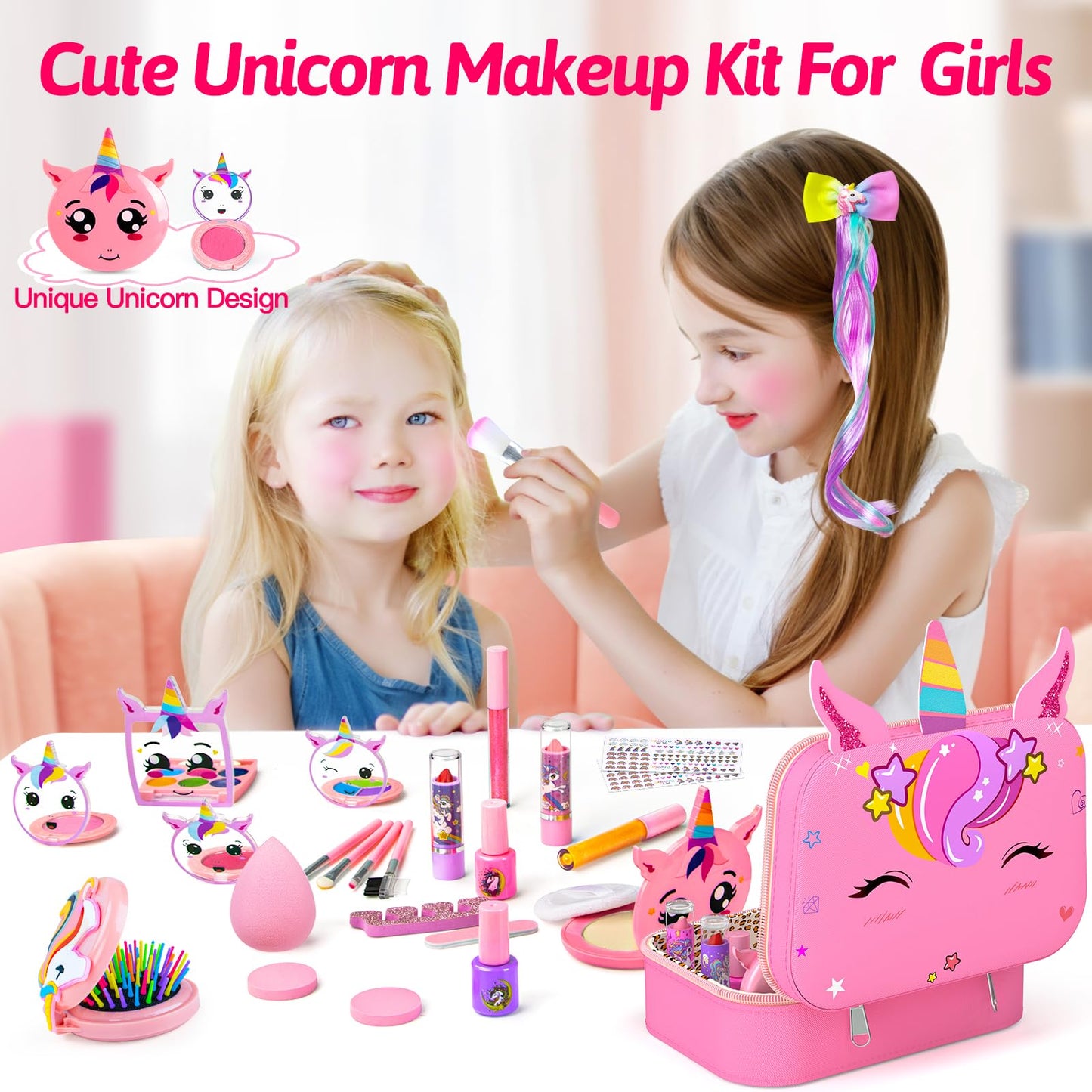 Mqsiuve Kids Makeup Kit for Girls – Non-Toxic, Washable Play Makeup Set (Pink)